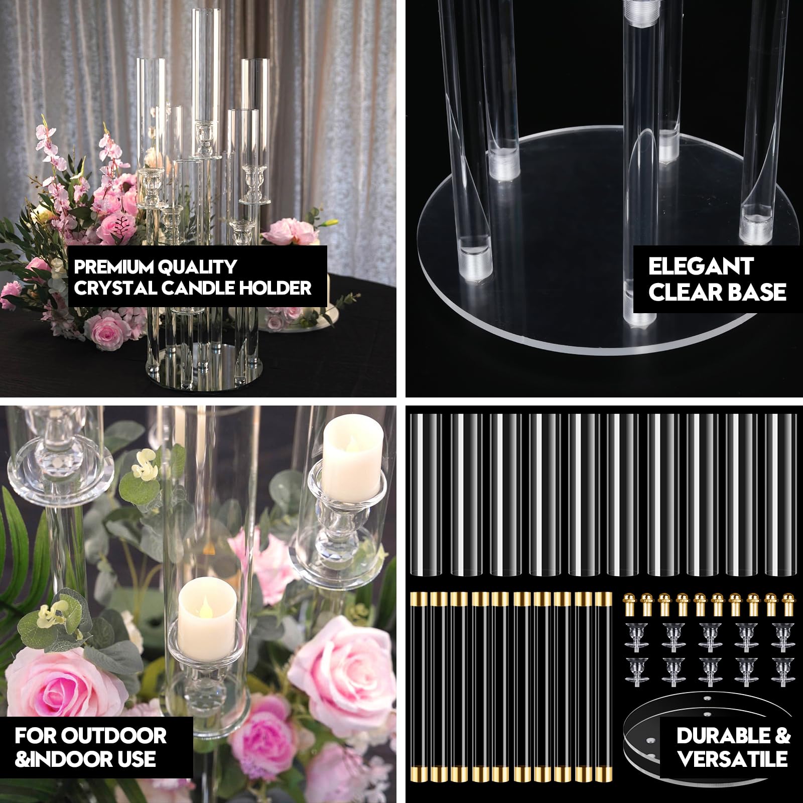 4 Pack 5-Arm Acrylic Candelabra Centerpieces - 27" Tall Clear Candle Holders With Lampshade For Wedding & Party Decor