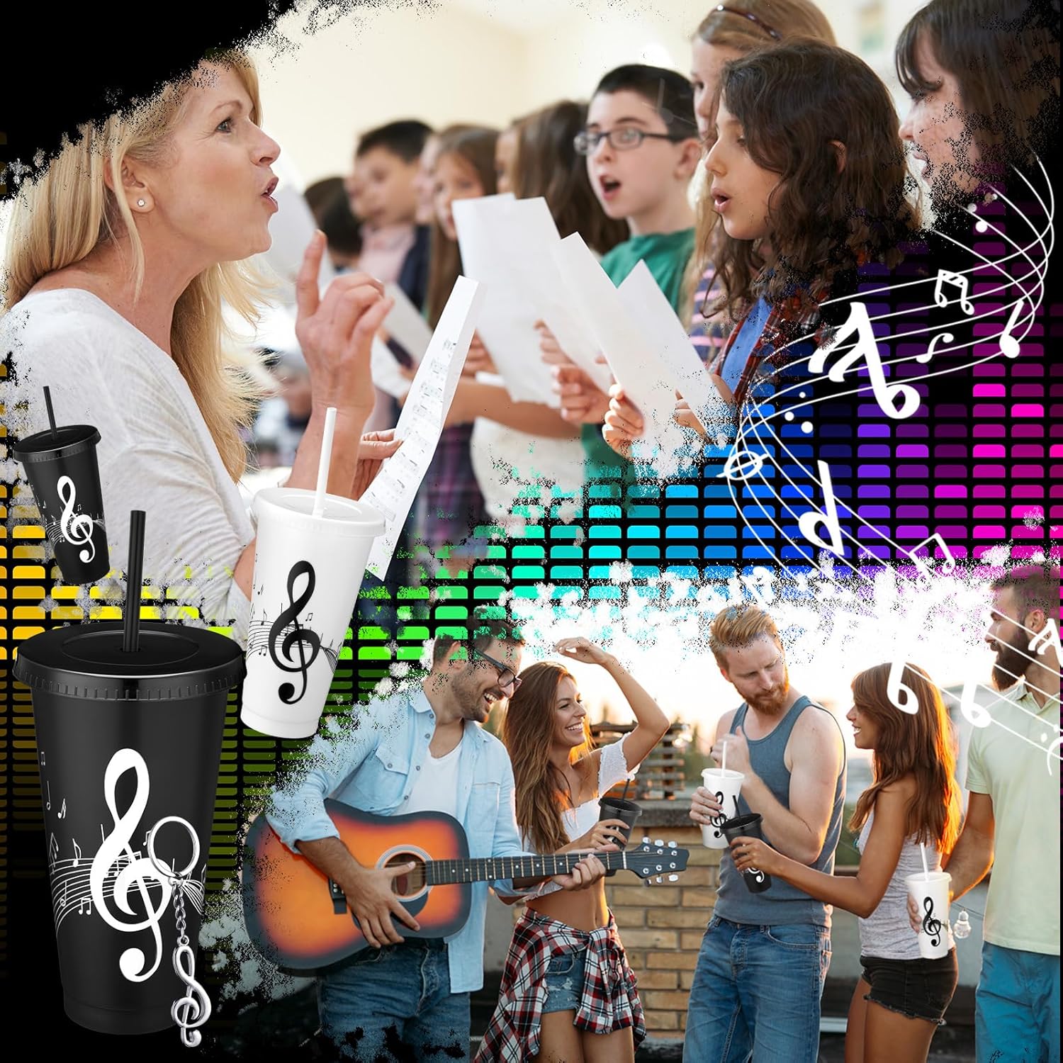 Skylety 12 Sets Music Themed Gifts Musical Tumbler Cups Bulk 24 oz Reusable Musical Note Plastic Tumbler with Straw and Lid Keychain Gifts for Music Lover Party Favor (Black,White) - Image 5