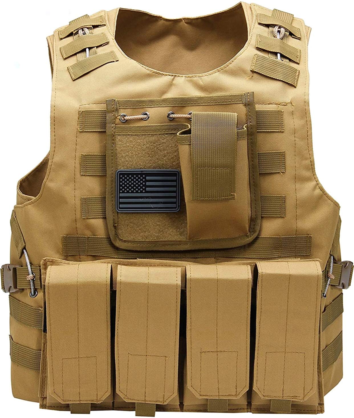Redemption Tactical Airsoft Vest for Adults and Kids w/US Flag Patch and Pouches (brown, small-large)