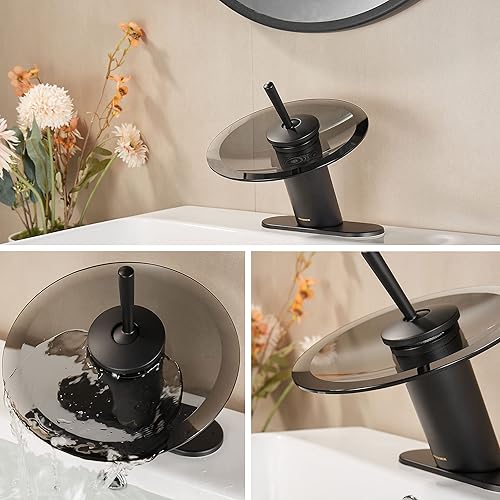 Miniatura 4 de RODDEX Grifo de lavabo de baño en cascada de latón macizo, moderno círculo de cristal para lavabo, lavabo de un solo agujero, grifos de fregadero de