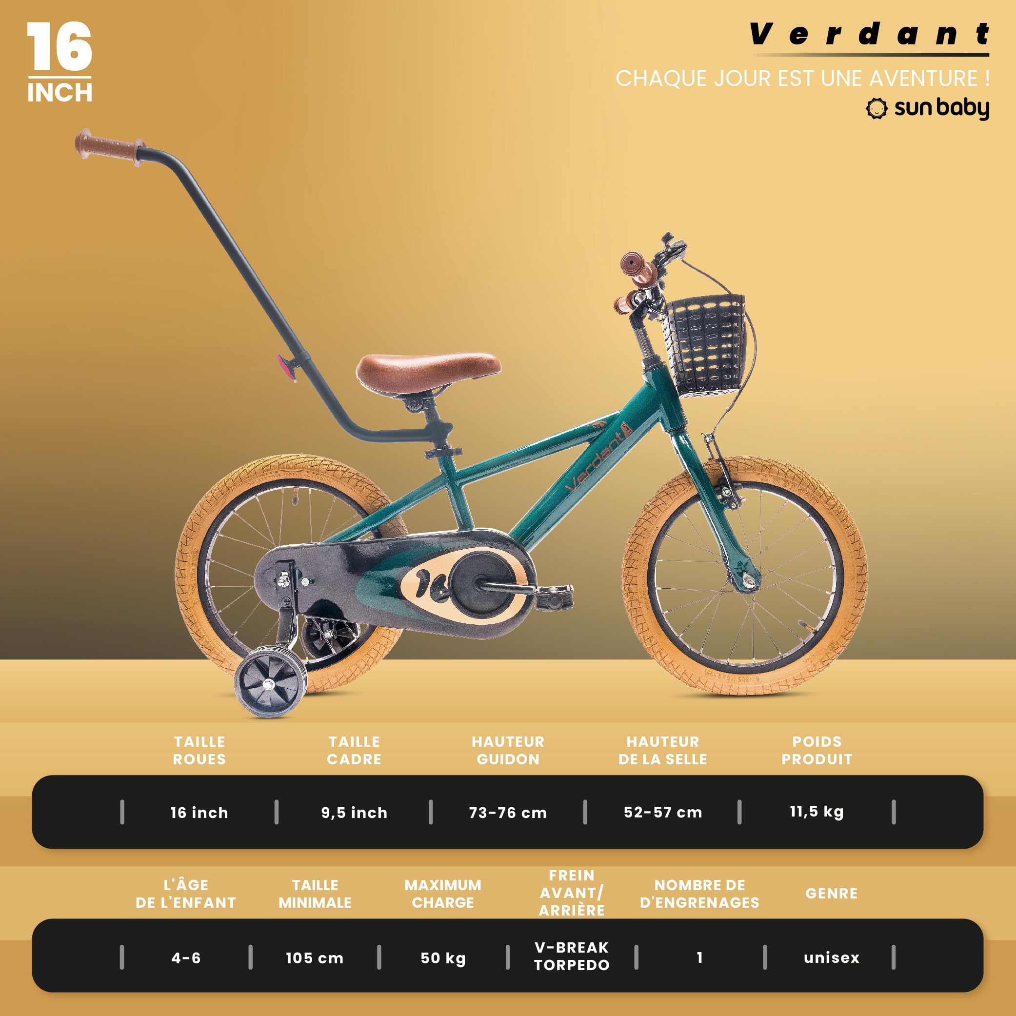 sun baby Verdant Bike Vélo pour Enfant pour garçon 12/14/16 Pouces avec Barre de poussée, Sonnette, Réglage en Hauteur du siège et du Volant