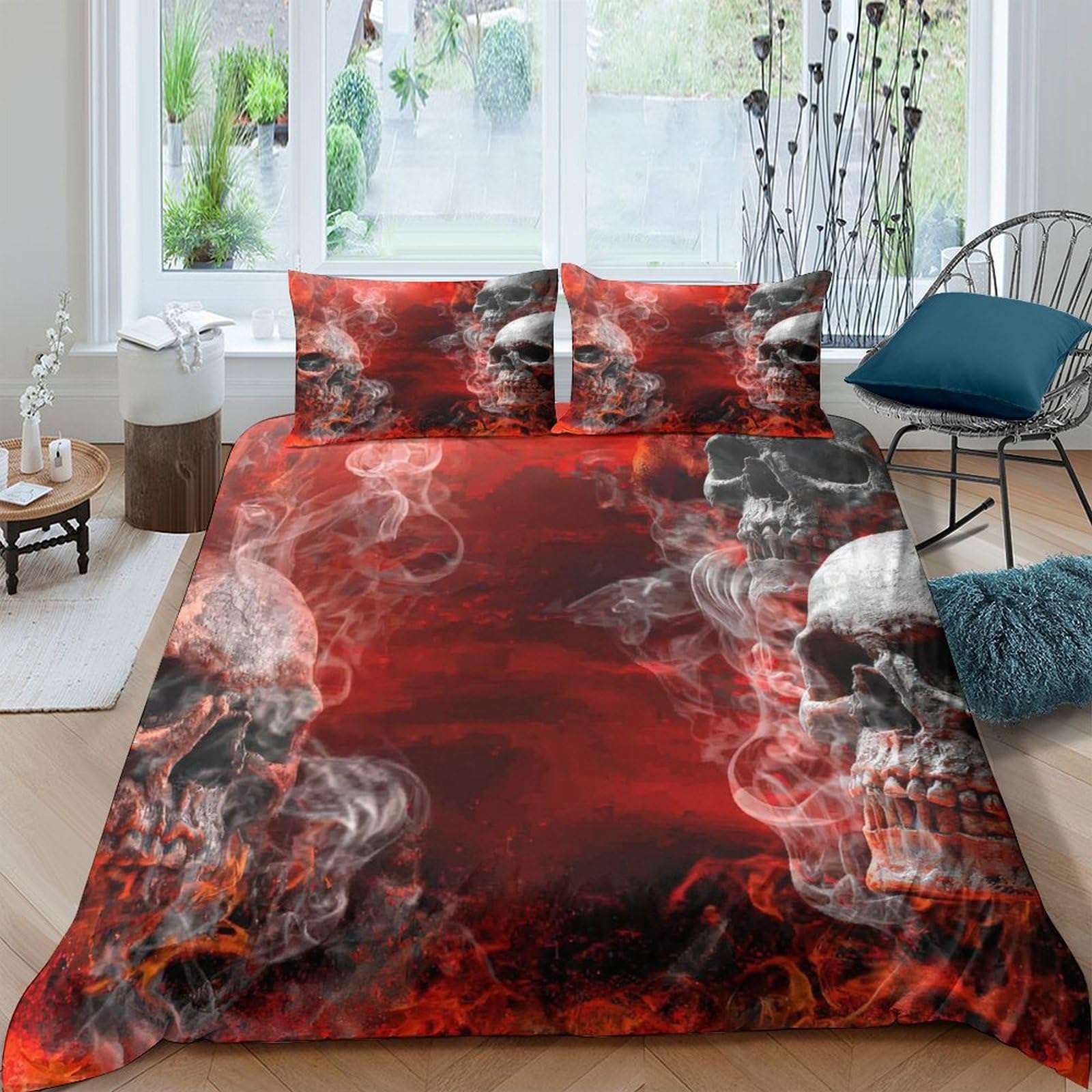 Ctjqhvkz Style-1 3D Printed Red Skull Fitted Sheet Microfiber Soft Non-Slip Gothic Smoke Bed Cover For Bedroom Dorm Mattress Decor Single（135X200cm）