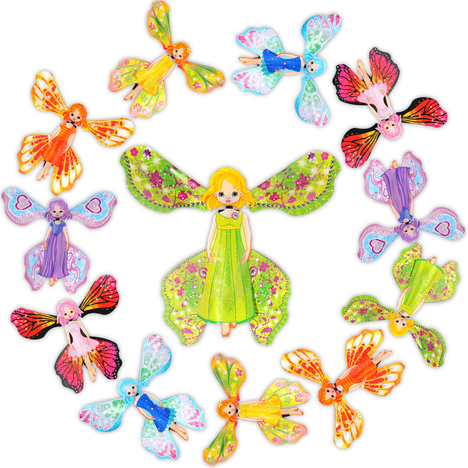 Charniol 12 Pcs Fairy Flying Butterfly Rubber Band Powered Butterfly Colorful Fairy Flyer Flying Fairy Toy Fairy Party Favors Wind up Butterfly for Birthday Holiday Surprise Gift