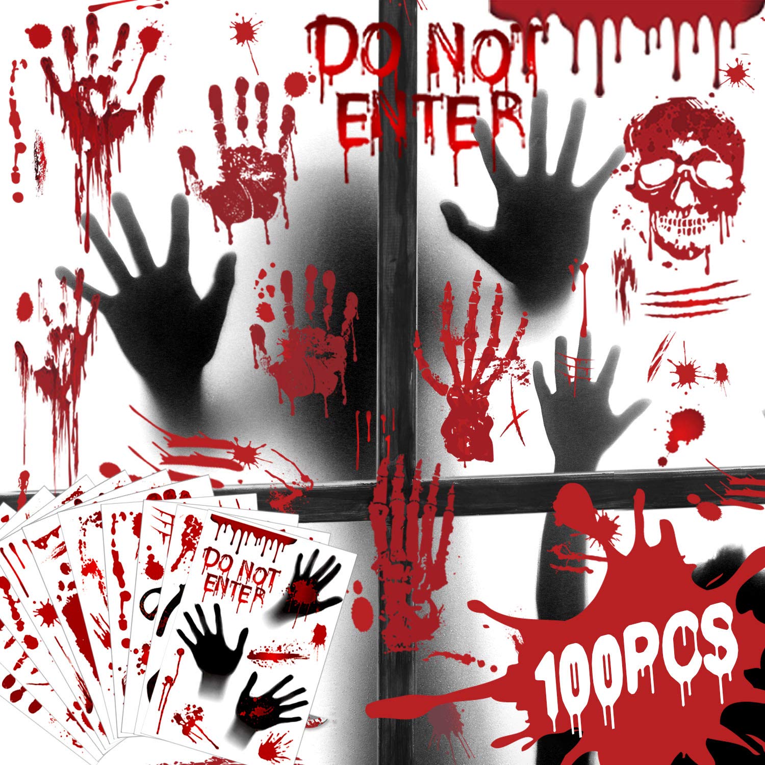 100 Pieces Bloody Handprint Halloween Stickers Bloody Footprint Weapons Windows Clings Window Decals Decoration Bloody Zombie Wall Decal Floor Clings for Halloween Vampire Zombie Party Decor