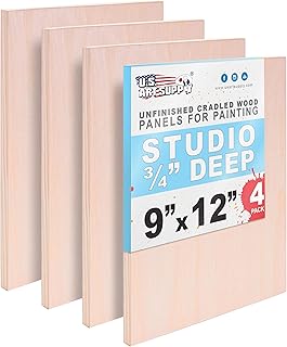 U.S. Art Supply 09" x 12" Unfinished Cradled Wood Panels for Painting, Studio 3/4" Deep (4 Pack) - Artist Depth Birch Wooden Wall Canvases - Mixed-Media Craft, Acrylic, Oil, Encaustic, Paint Pouring