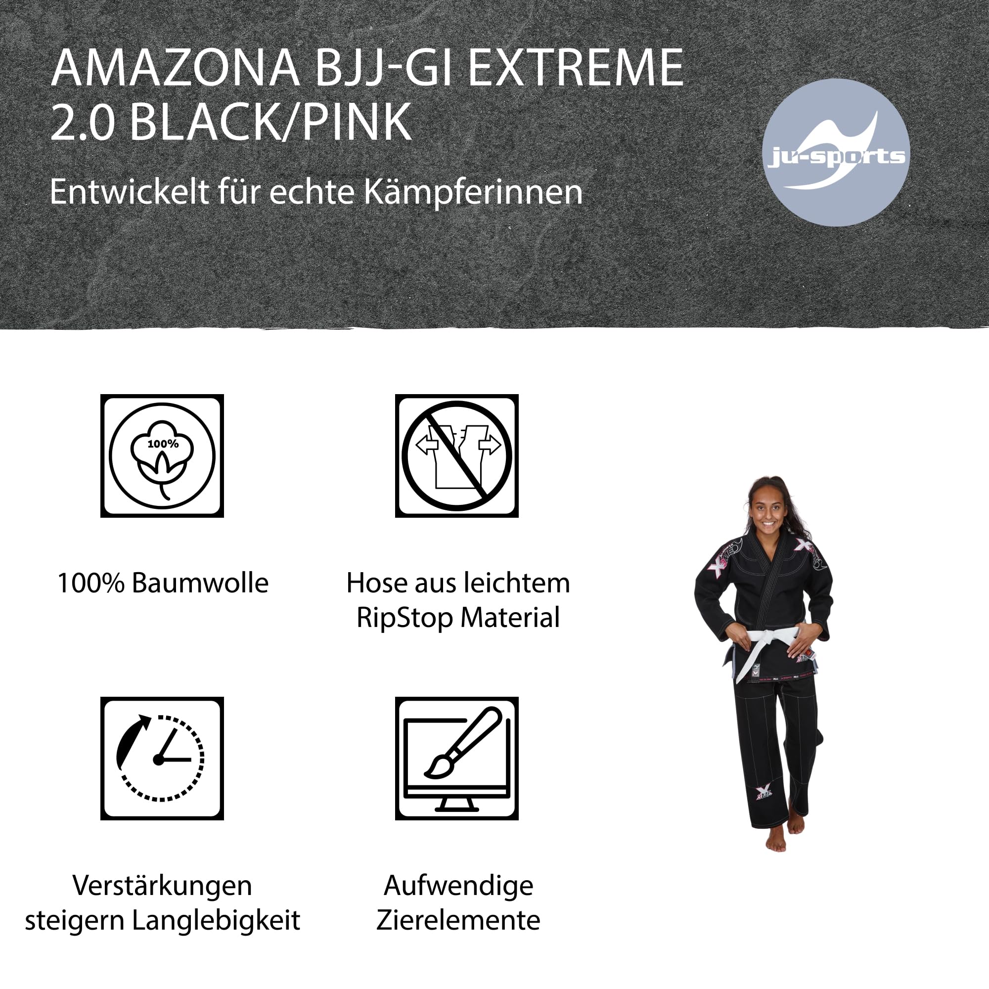Ju-Sports BJJ Gi Damen EXTREME 2.0 schwarz/pink - Topmoderner Brazilian Jiu Jitsu Anzug flexibel & reißfest, 500g/qm Stoffgewicht, Herausragendes Tragegefühl