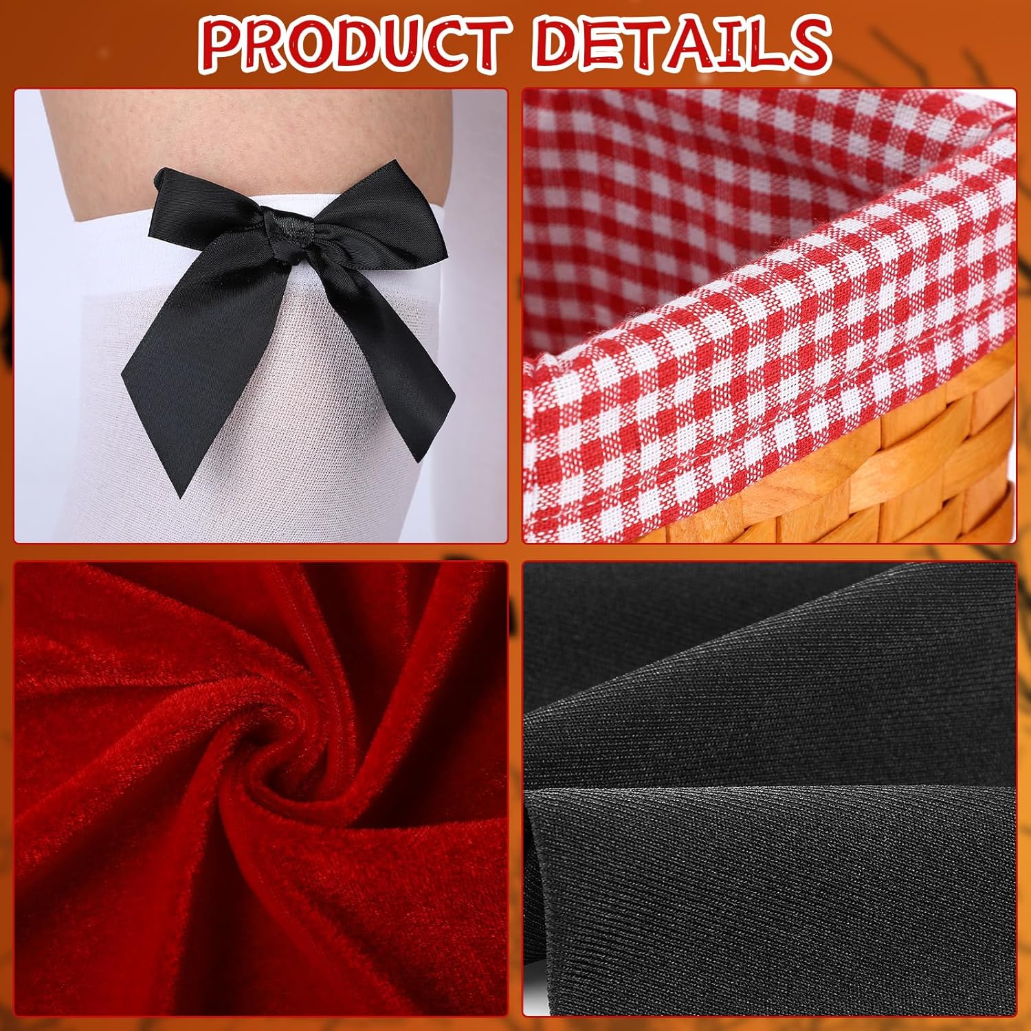 Ramede 4 Pcs Halloween Cosplay Accessories Long Hooded Cloak Velvet Cape Elbow Length Party Gloves for Women Bow Thigh Highs Red Gingham Hand Basket for Adult Costumes - Image 3
