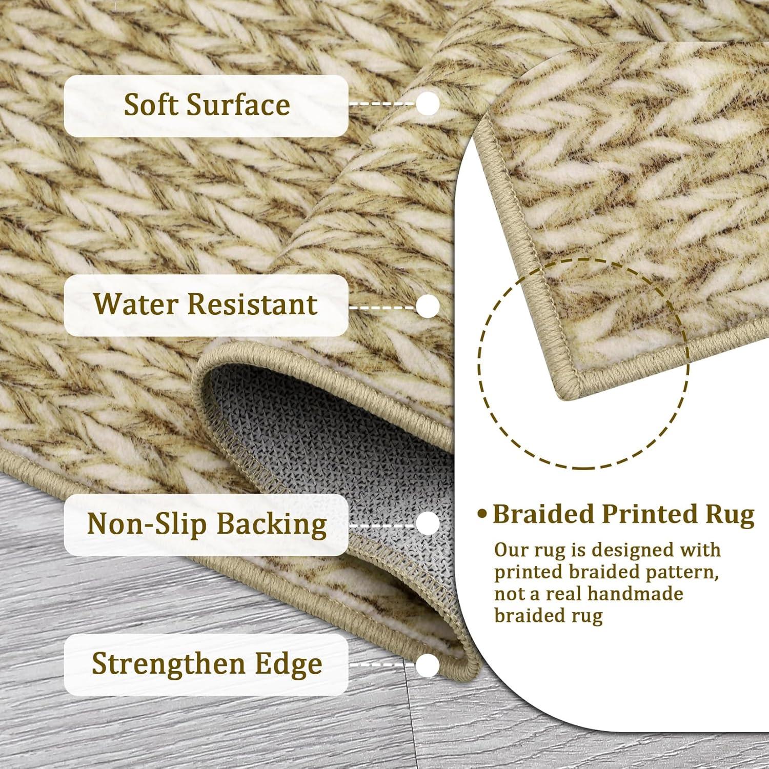 COZYLOOM 3x5 Oval Area Rug Small Bedroom Rug Machine Washable Rug Modern Braided Print Dining Room Throw Rug Non Slip Stain Resistant Modern Solid Accent Carpet for Kitchen Entryway, Natural