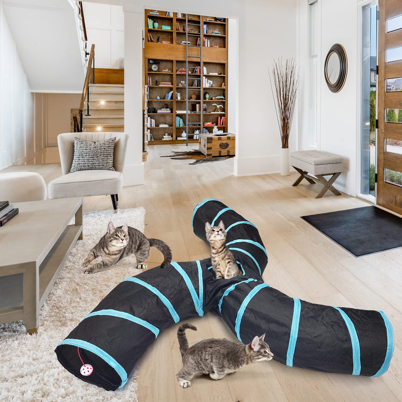 Bemodst Road Tunnel pour Chat, 2 Voies/3 Voies/4 Voies/5 Voies Tubes de Tunnels Pliable Jouet Labyrinthe interactif pour Petits Animaux, Petit Lapin,Chaton, Chiot,Furet,cochons d’ Inde (3 Voies)