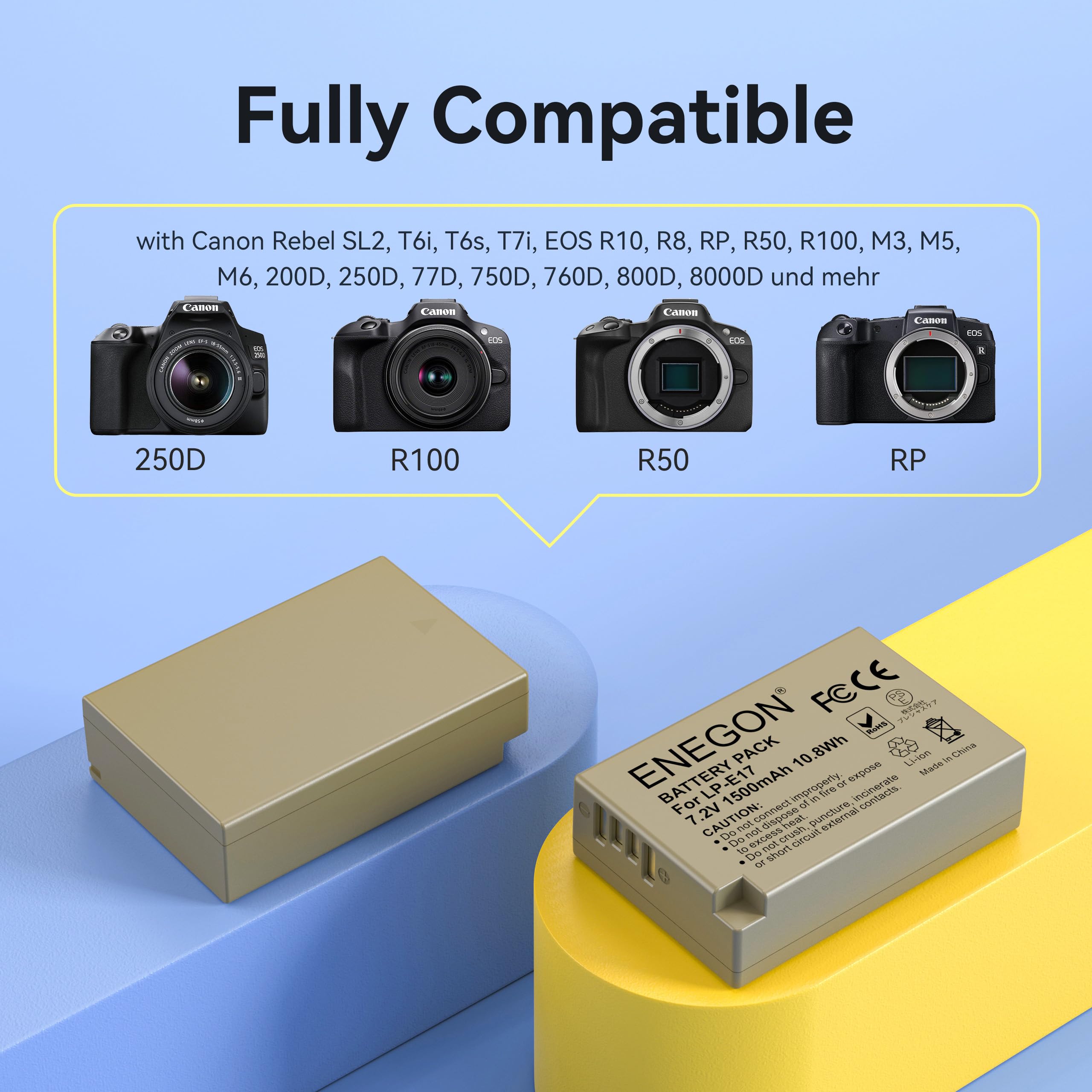 ENEGON LP-E17 20W Kit Chargeur Rapide Double Batterie (2 x 1500 mAh), Compatible avec Canon EOS R10, R8, RP, R50, R100, M3, M5, M6, 200D, 250D, 77D, 750D, 760D, 800D, 8000D et Plus écran LCD