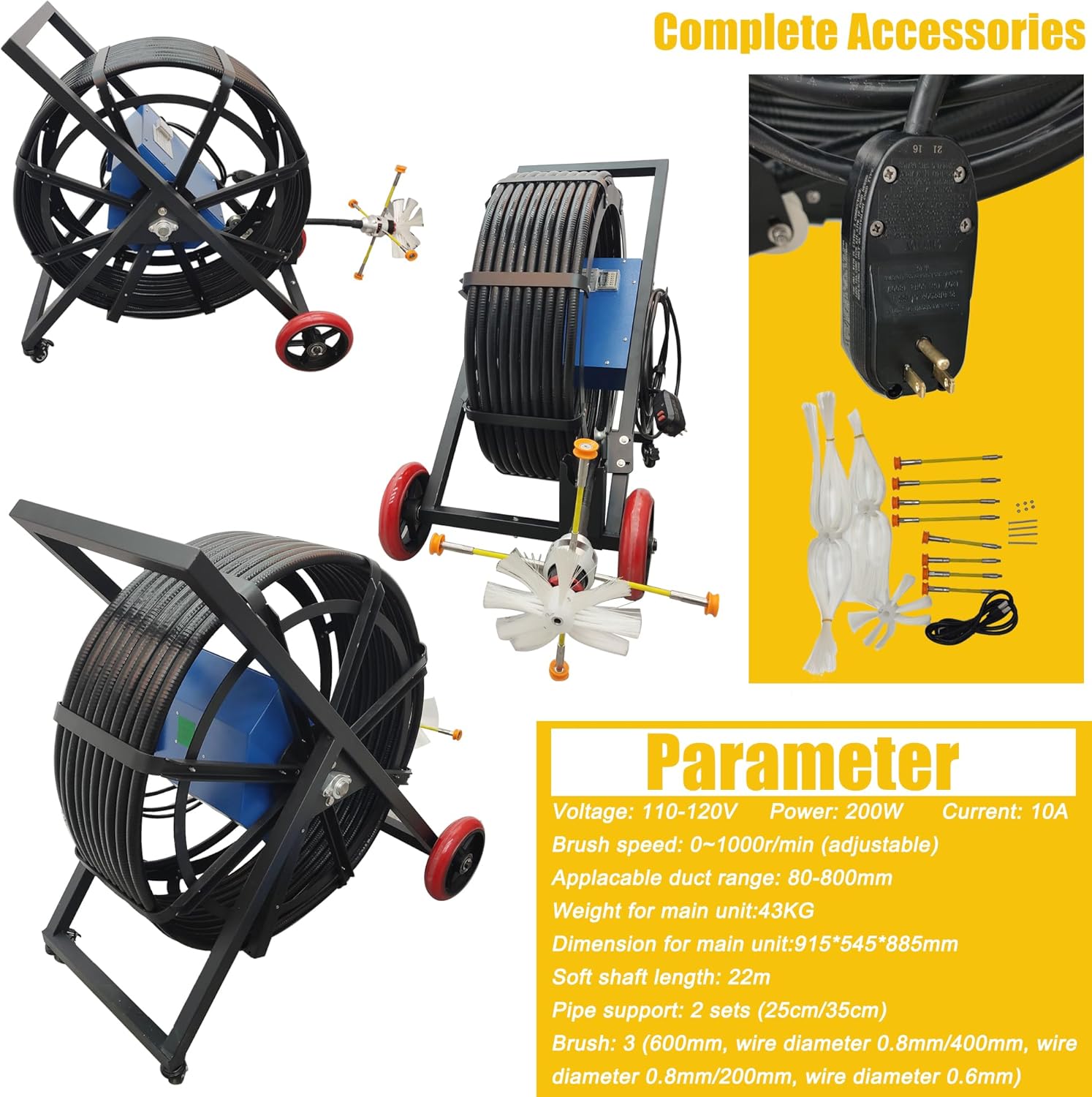 Pipe Duct Cleaning Machine Rotary Brush Pipe Cleaning Equipment 80-800mm Air Duct Range Air Duct Cleaner with Adjustable Speed for Air Conditioning Duct Industrial Workshop Air Duct 110V