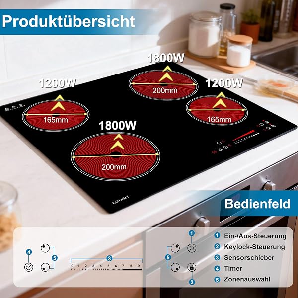 TAMARIT Glaskeramikkochfeld Autark, 4 Zonen Elektro-Kochfeld 6000W mit Slider-Touch & Timer, Einbau-Herdplatte für alle Töpfe, Kindersicherung & Restwärmeanzeige, Schwarz - 4