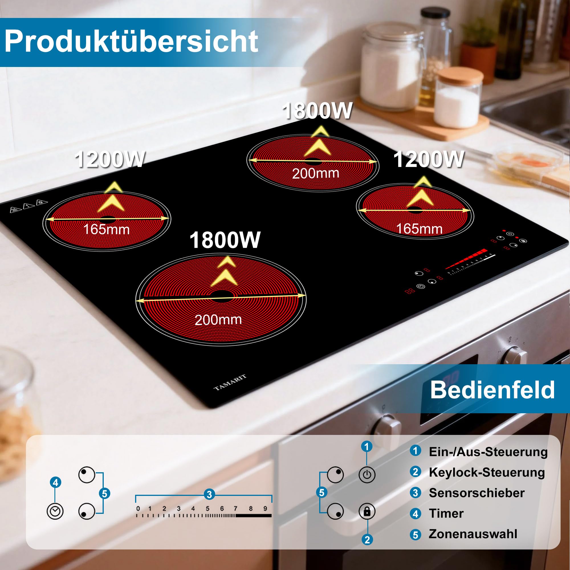 TAMARIT Glaskeramikkochfeld Autark 4 Zonen Elektro-Kochfeld 6000W mit Slider-Touch Timer Einbau-Herdplatte Kindersicherung Restwärmeanzeige Schwarz