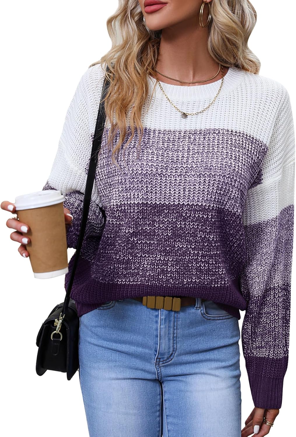Women's Striped Color Block Sweater Long Sleeve Crewneck Casual Loose Fit Soft Knit Sweater Pullover Tops