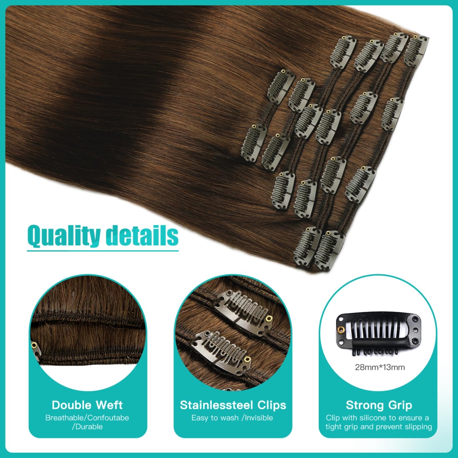 SURNEL Clip in Hair Extensions Real Human Hair Color 4 Medium Brown 14inch 35cm Soft Seamless Double Weft Hair Extensions for Women 100g 6pcs (C#4 - Image 4
