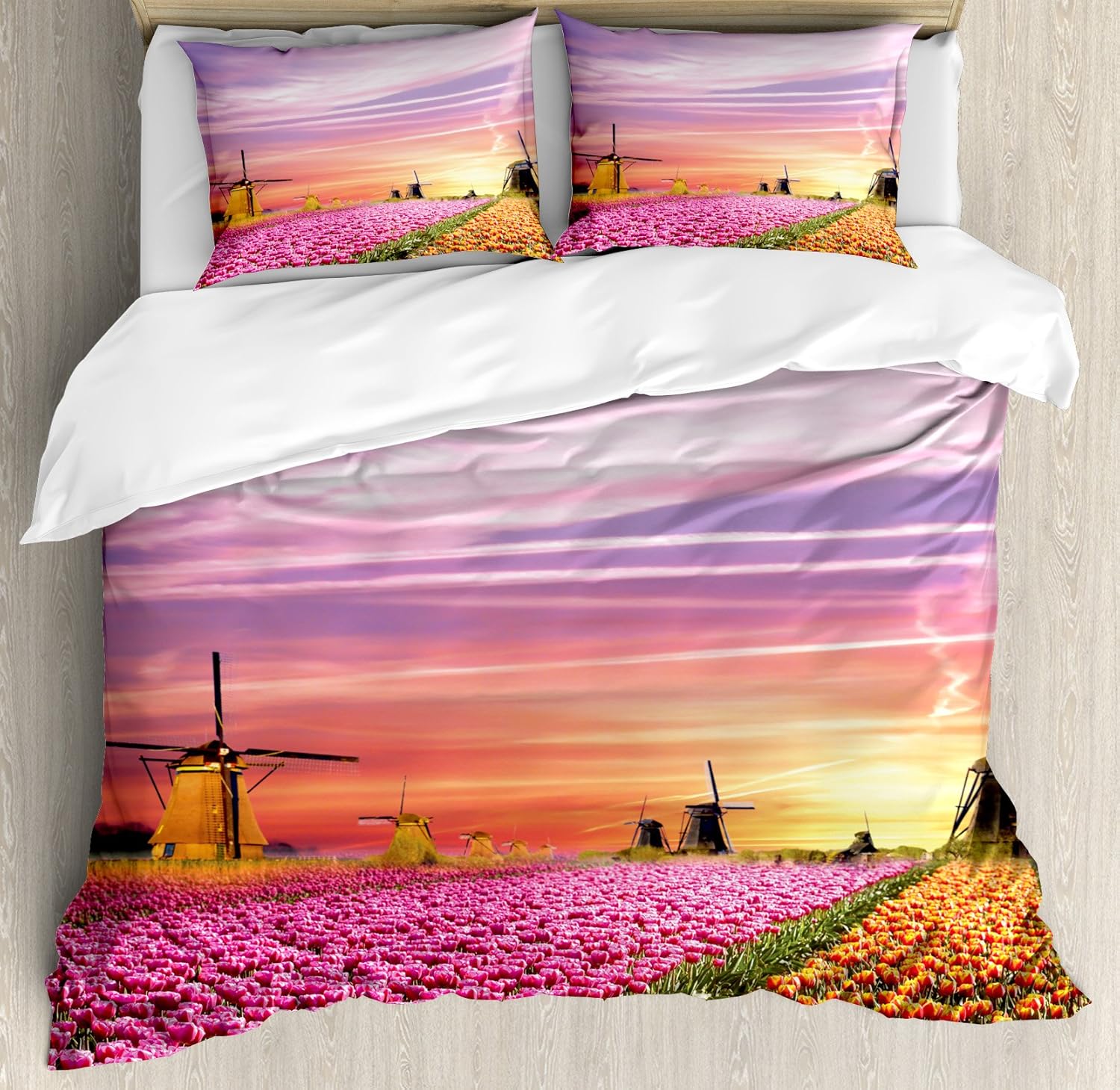 Ambesonne Nature Duvet Cover Set, Tulip Fields and Windmills in European Landscape with a Sunset Sky View, Decorative 3 Piece Bedding Set with 2 Pillow Shams, Queen Size, Orange Pink Purple