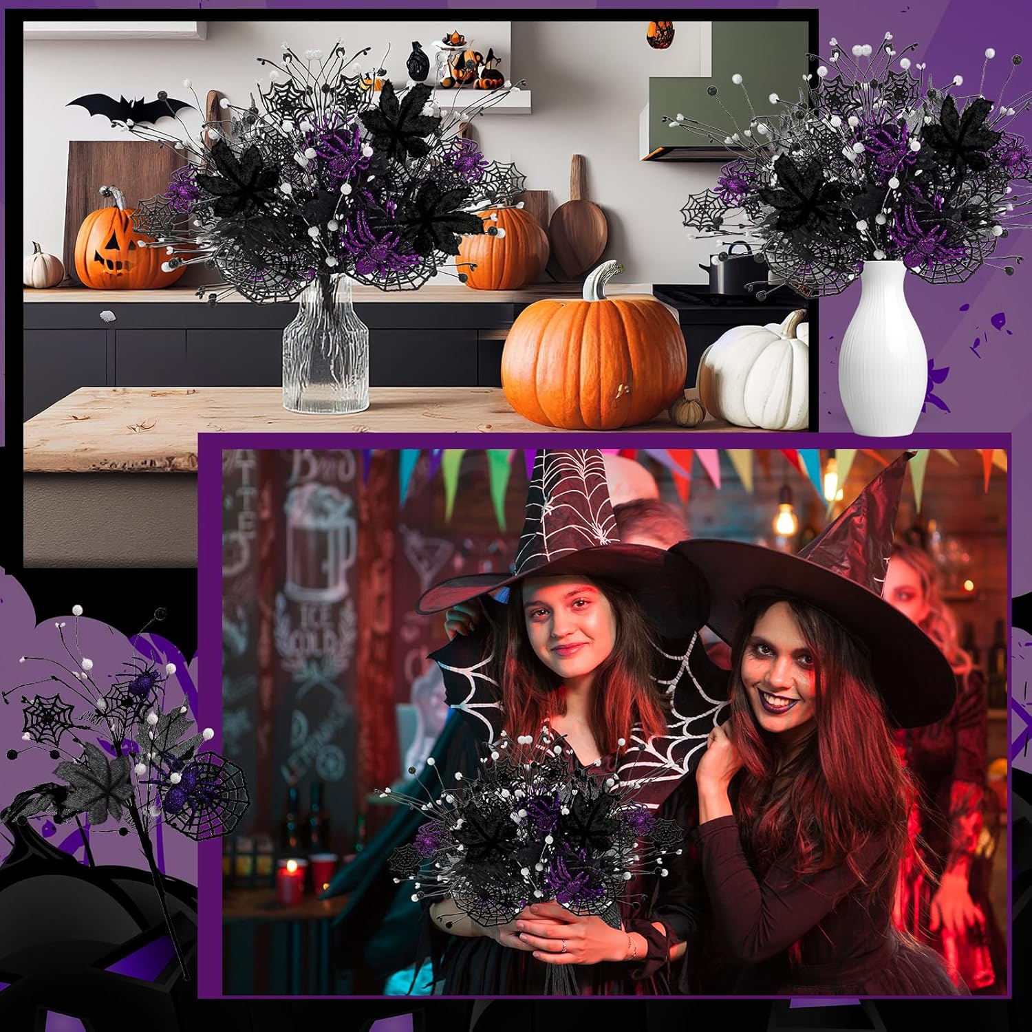 12 Pcs Halloween Floral Picks Decorations Halloween Flowers Artificial, 18.5" Spider Floral Picks and Sprays Branches for Festival Table Centerpieces DIY Crafts Vase Arrangement Home Indoor - Image 5