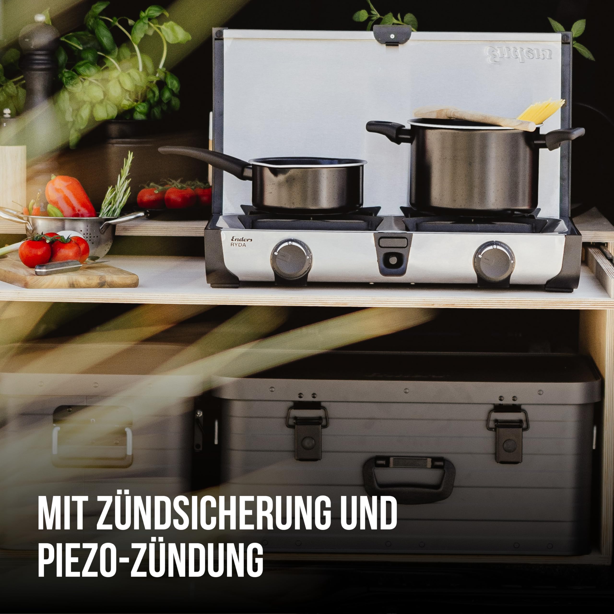 Enders Ryda 2Z GP, Gaskocher mit Zündsicherung, 2-flammig, Edelstahlbrenner 2x2,3 kW, klein und kompakt, inkl. Grillplatte, Gasschlauch und Windschutz, Campinggrill, #1883 | Mit Zündsicherung, Klein und kompakt, Inkl. Grillplatte, Inkl. Gasschlauch und Wi