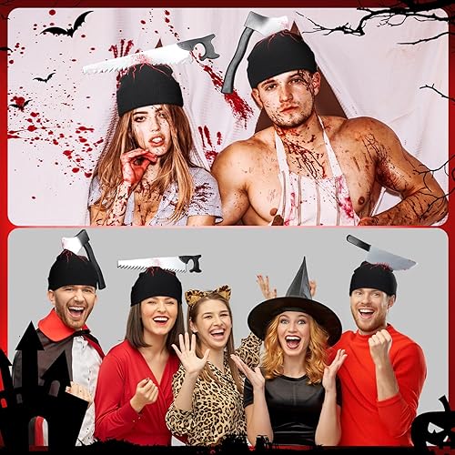 Miniatura 5 de Suhine 3 piezas de sombrero de cuchillo aterrador de zombi de Halloween, accesorios de disfraz de zombi, sombrero de terror con hacha de cuchillo