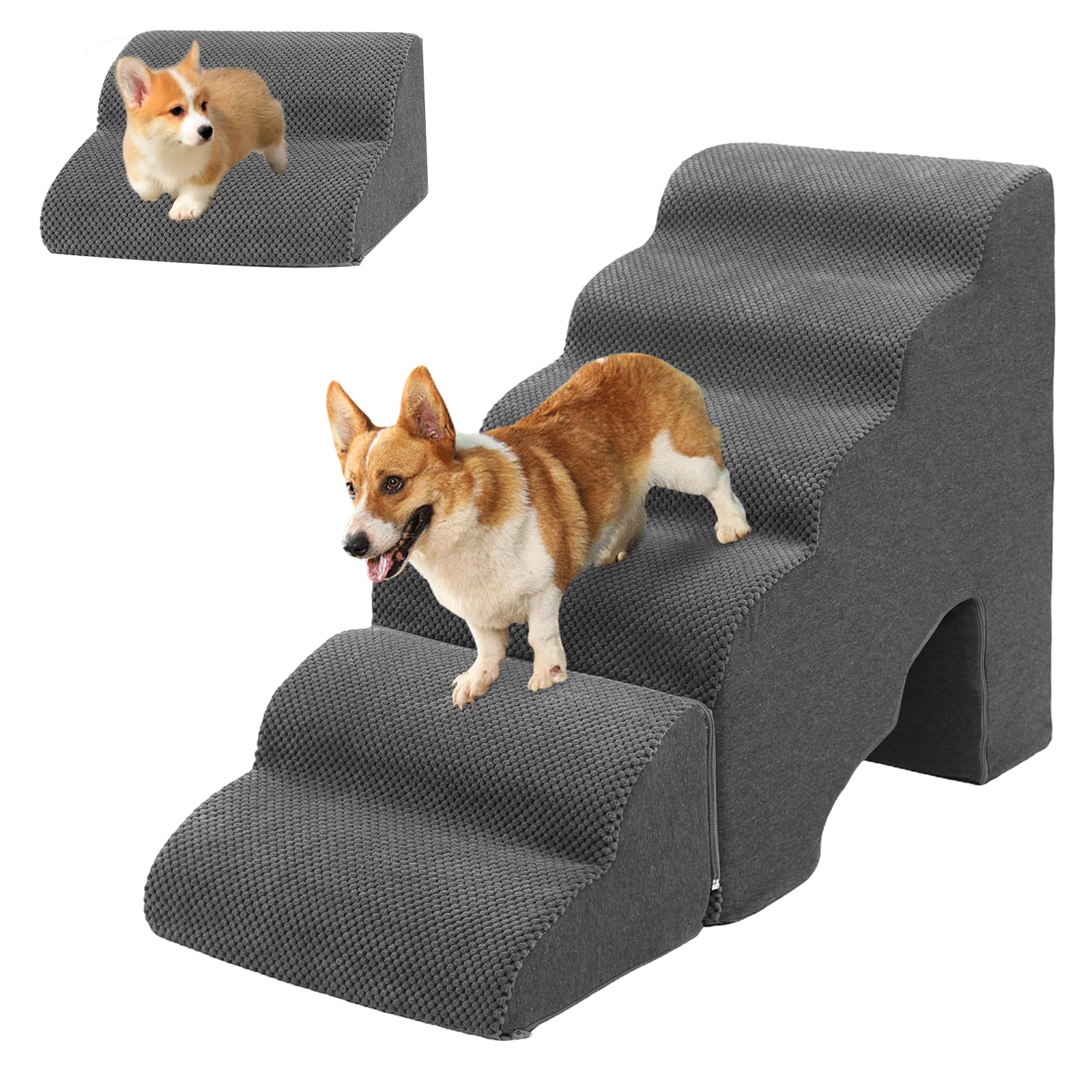 Escalera para perros de 60 cm de altura para cama, 6 peldaños para cama con somier | Escalera antideslizante para mascotas de color gris oscuro para perros pequeños o lesionados
