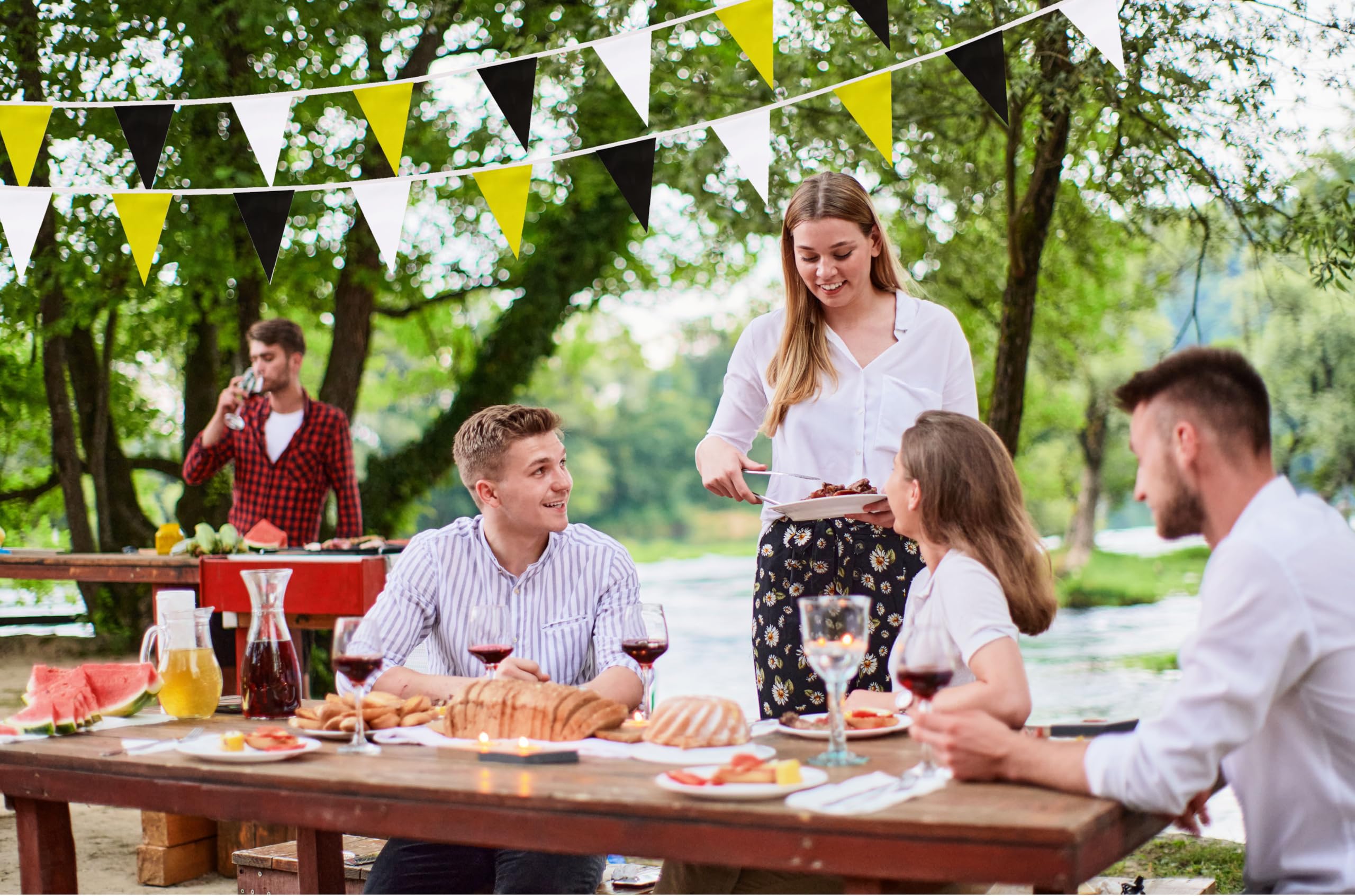 Wimpelkette 30 M – Gelb, Grün, Weiß, Dreieckig, 60 Stück | Für Partys, Eröffnungen, Kindergeburtstage, Indoor & Outdoor