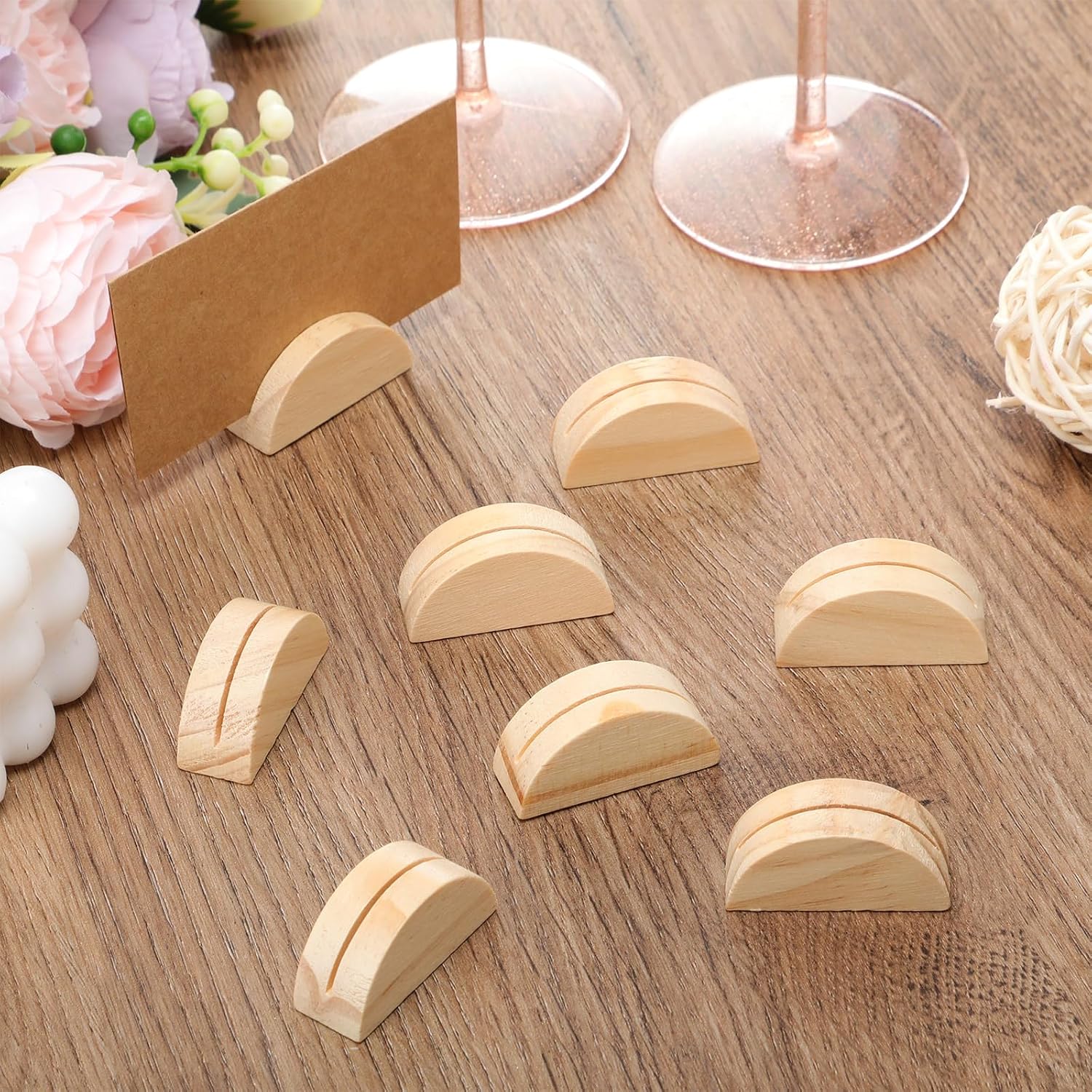 Maitys 48 Pcs Wooden Table Number Stands Wedding Table Name Holder Semicircular Design Place Card Holders with 48 Pcs Tented Cards for Retail Shop Wedding Party Events Decoration(Burlywood) image 4