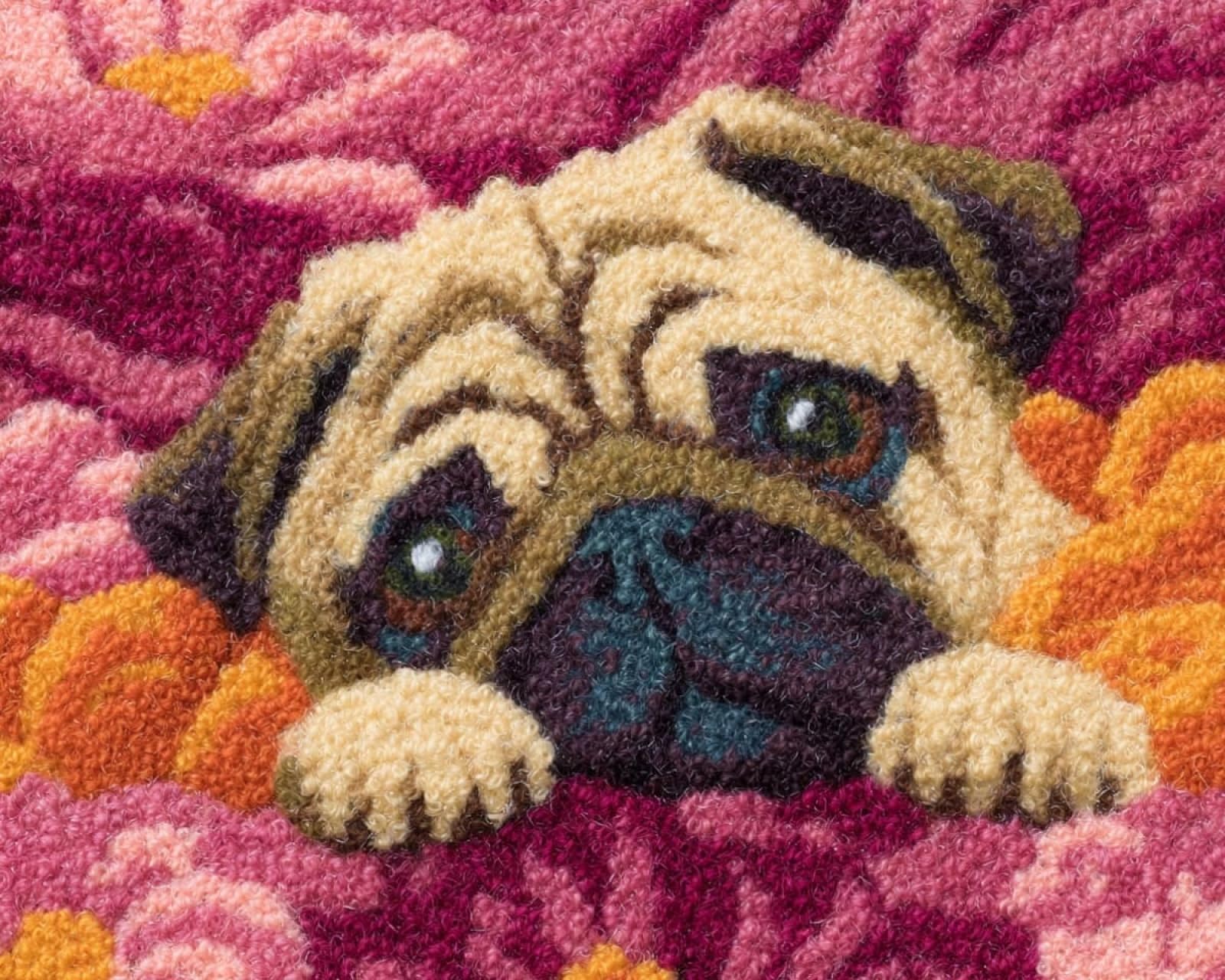 Wallphantom Latch Hook Rug Kits for Adults Beginners,Pugs and Flowers,Latch Hook Kits for Bedroom,Living Cushion Adult Craft Gifts,52x38cm