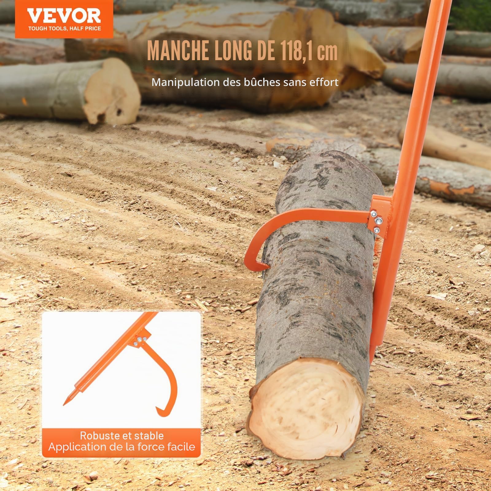 VEVOR Cric à bûches 1180 mm, lève-bûches à poignée en métal, lève-Tronc d'arbre de diamètre 48 cm, résistant à la Rouille, Outil d'exploitation forestière, pour Rouler, soulever et Tourner Les bûches