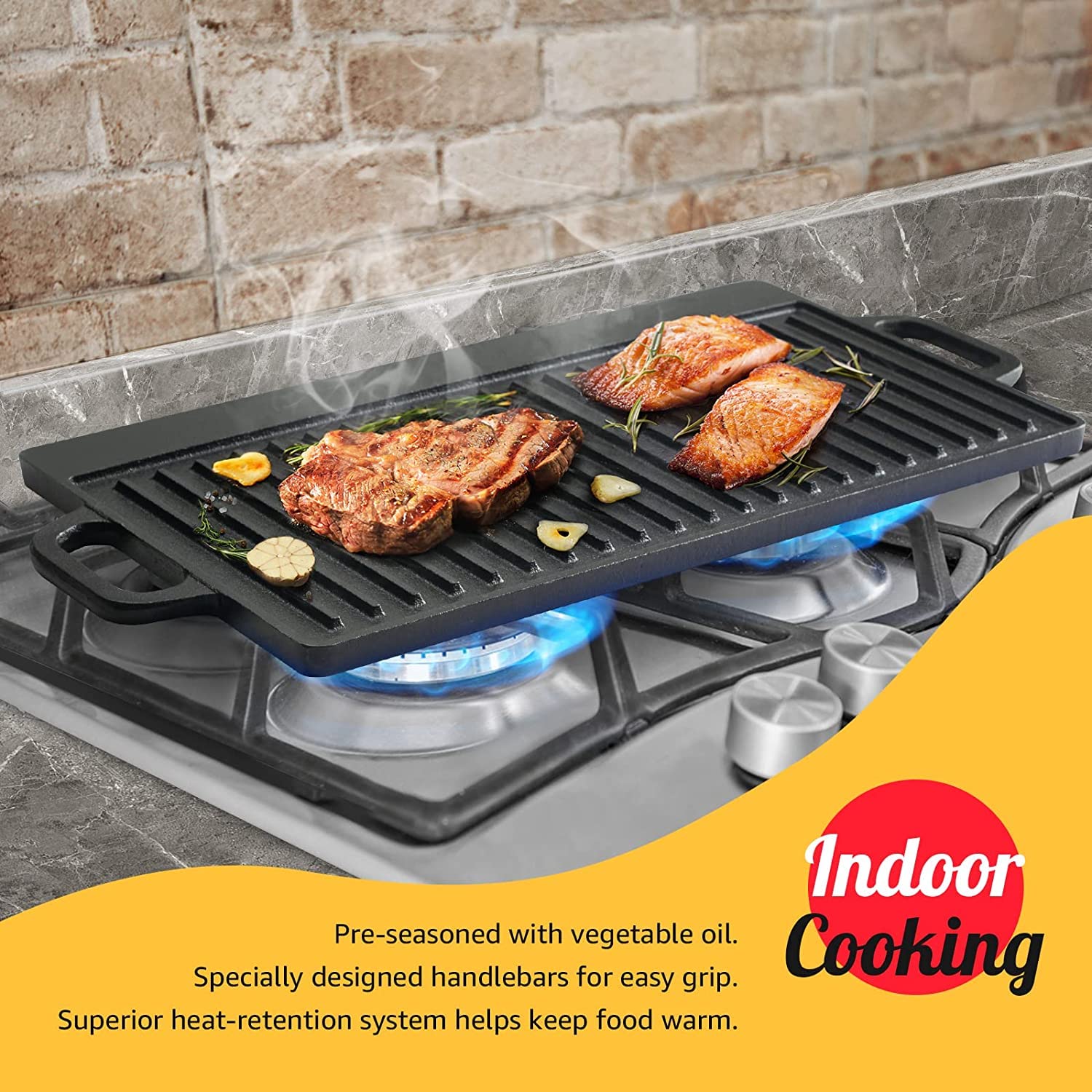 Poele Grill Gril Réversible En Fonte Pré-saisonnée Avec Poignées, 16,5 X 9,9 X 0 1pack Livingbasics Poele Fonte