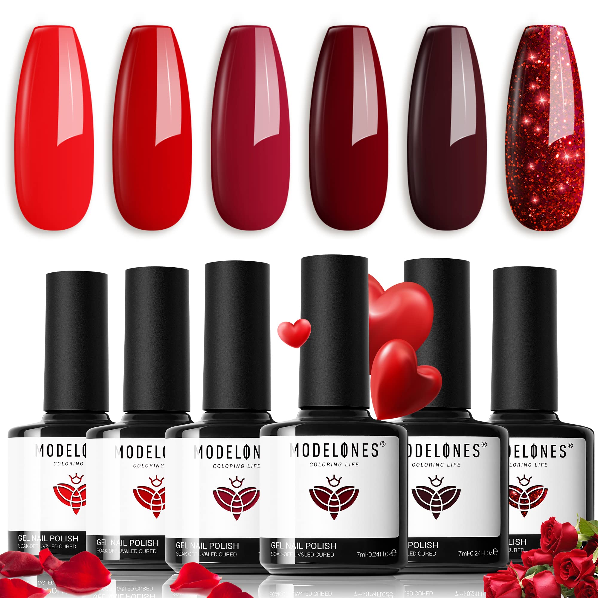 Amazon.com : Modelones Gel Nail Polish Set- 6 Red Classic Colors Gel  Popular Soak Off Glitter Red Gel Polish Kit Nail Art Manicure DIY Nail Gel  Salon Home LED Gel Nail Kit