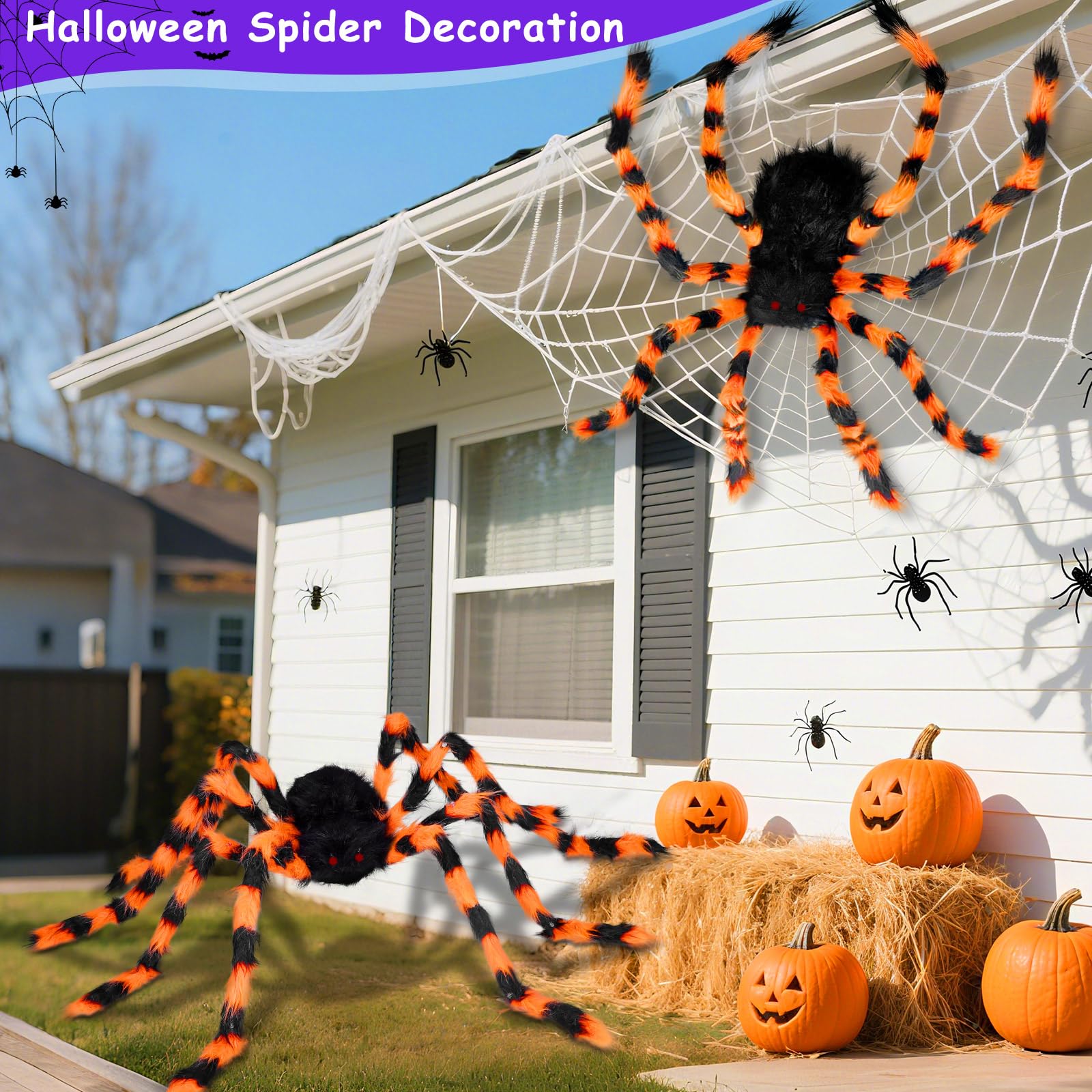 Confezione da 2 ragni giganti di Halloween da 127 cm, ogni ragno arancione e nero con 26 luci LED viola, ragno finto spaventoso che si illuminano per esterni, cortile, portico, giardino, prati