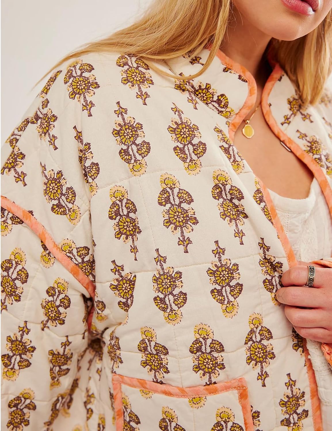 Arssm Women Floral Quilted Puffer Jacket Cropped Lightweight Patchwork Vintage Padded Short Coat Outerwear - Image 3