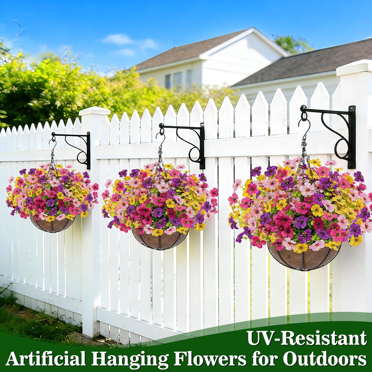 2 Sets Artificial Hanging Plants Flowers Basket Outdoor, Fake Hanging Plants Set of 2 Includes 24 Pcs Flowers for Porch, Patio, Garden, Home Decor in Spring Summer (Red, Purple, Yellow, Rose Red) - Image 5