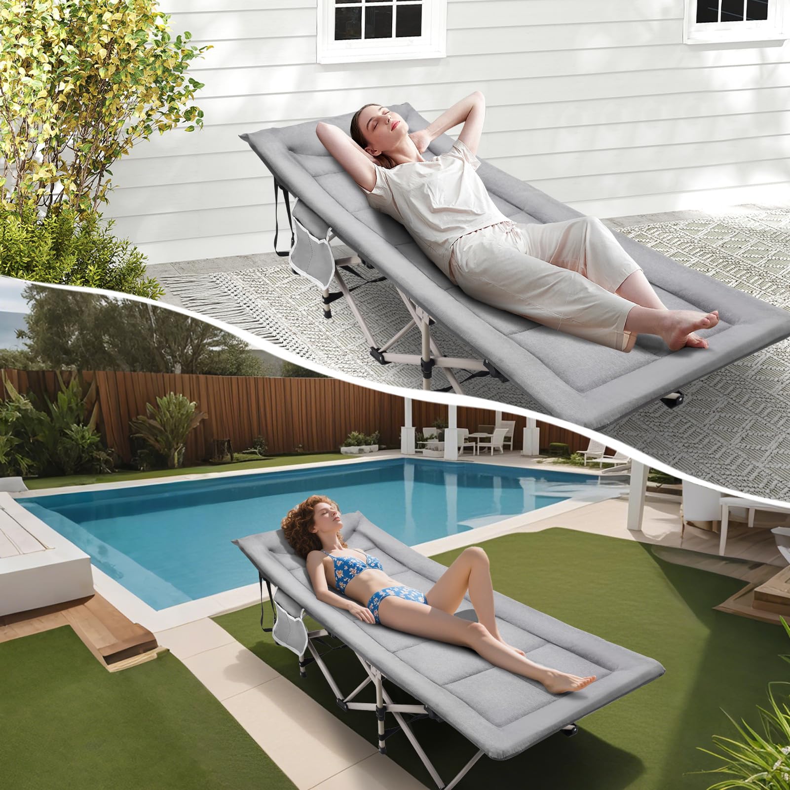 Cama plegable de camping, capacidad de carga cama plegable cama de invitados, cama plegable/tumbona de camping con colchón, bolsillos laterales, respaldo ajustable, 190 x 68 x 40 cm – hasta
