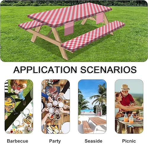 Miniatura 7 de Picnic Table Cover with Bench Covers 3 Piece Set Seamless diagonal gingham Red white slanted vichy cage Checked tweed Elastic Fitted Tablecloths