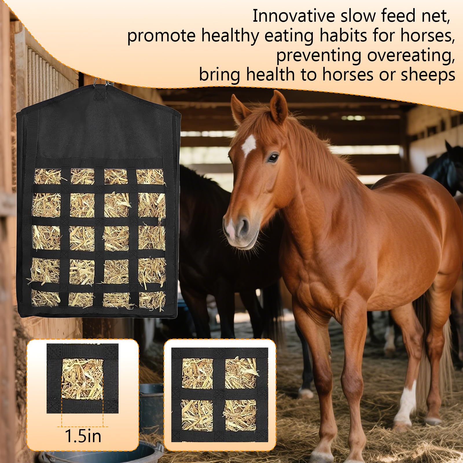 Hay Bags for Horses, 3 Packs Slow Feed Nylon Hay Bag with Large Opening, Premium Oxford Hay Feed Bags for Horse, Goats,Sheep,Cow, Easy to Fill and Hang, Front Hay Net Design - 5