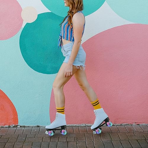 Miniatura 5 de XUDREZ Patines de ruedas para mujeres y niñas, azul cieloplateado láser, patines clásicos de doble fila de alta calidad para principiantes, patines