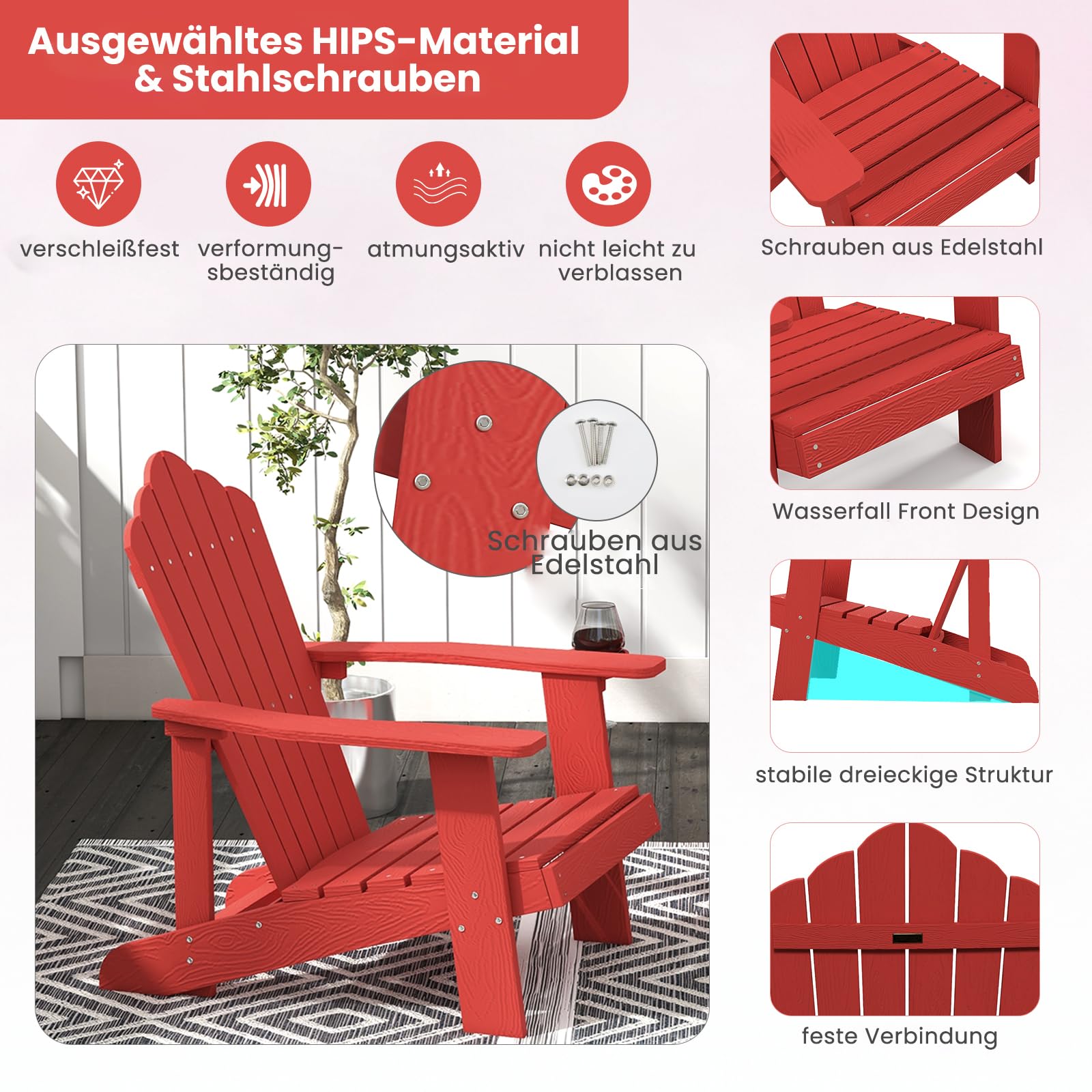 GOPLUS Adirondack Stuhl, Gartenstuhl ergonomisch mit Armlehnen, Hochlehner & Getränkehalter, Outdoor Stuhl wetterfest bis 150kg belastbar für Garten Hof Terrasse Balkon (Rot)