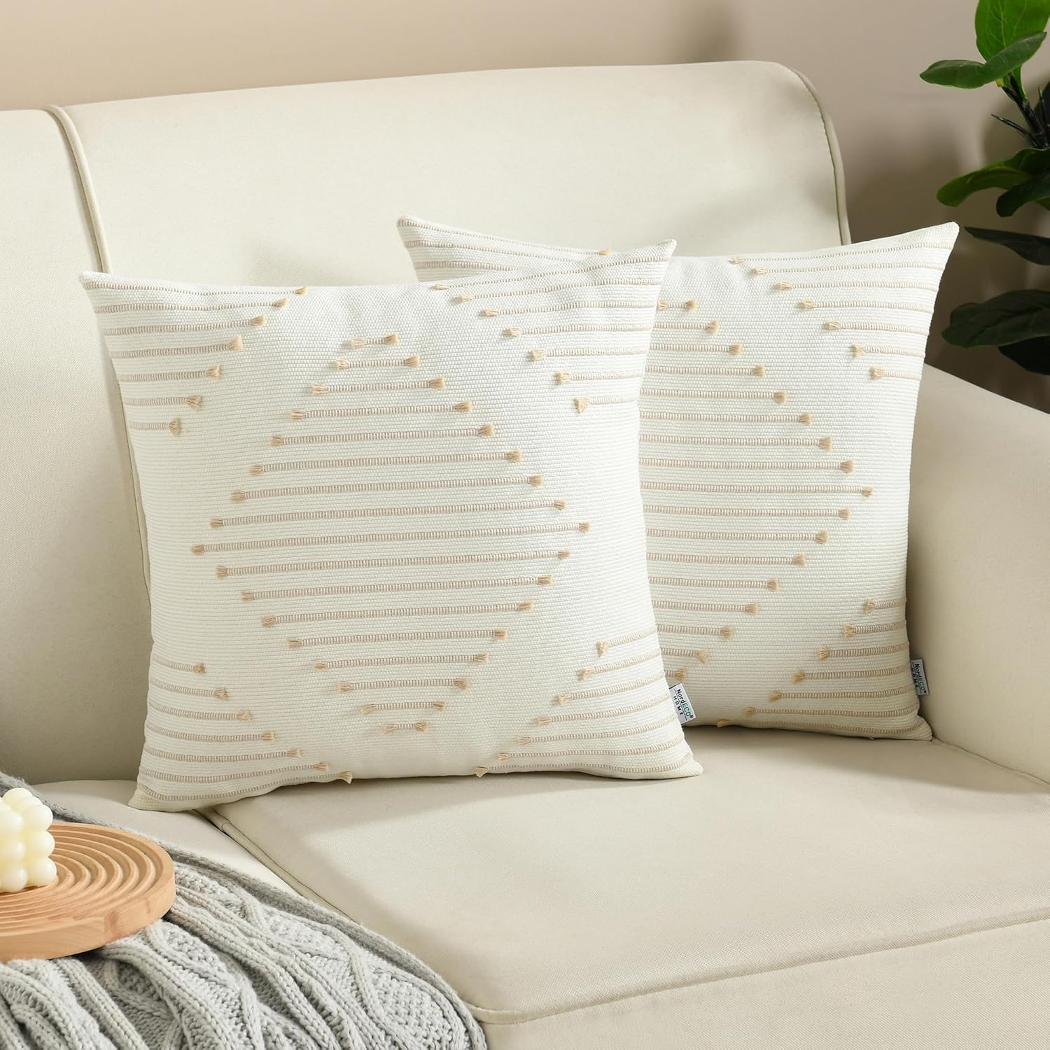 (SIMILAR ITEM )Boho Throw Pillow Covers 18x18 Set of 2 Farmhouse Decorative Accent Woven Pillow Covers for Couch Bed Living Room Home Decor, Beige and Cream White Beige 18\" x 18\" (Pack of 2)