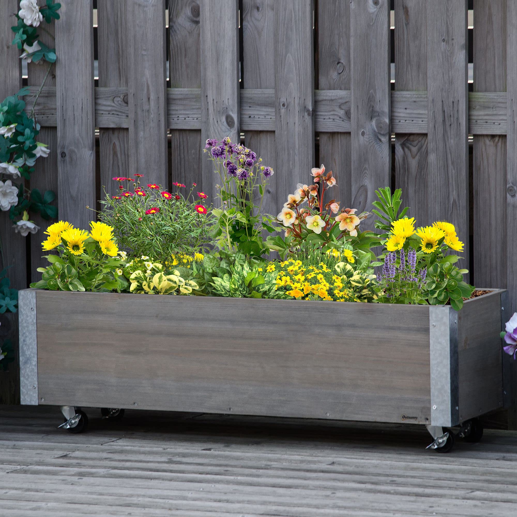 Outsunny Jardinera Exterior Grande con Ruedas Jardinera de Madera con Tela no Tejida Jardinera y Sistema de Drenaje para Cultivo Flores Plantas en Balcón Terraza 96x30,6x30 cm Gris Claro