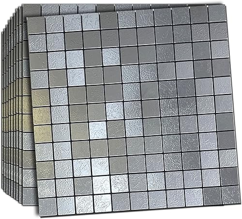 XUANINY Azulejos para salpicaduras de pared, adhesivo de mosaico de metal con superficie de aluminio cepillado para pared de cocina (11.41 x 11.41