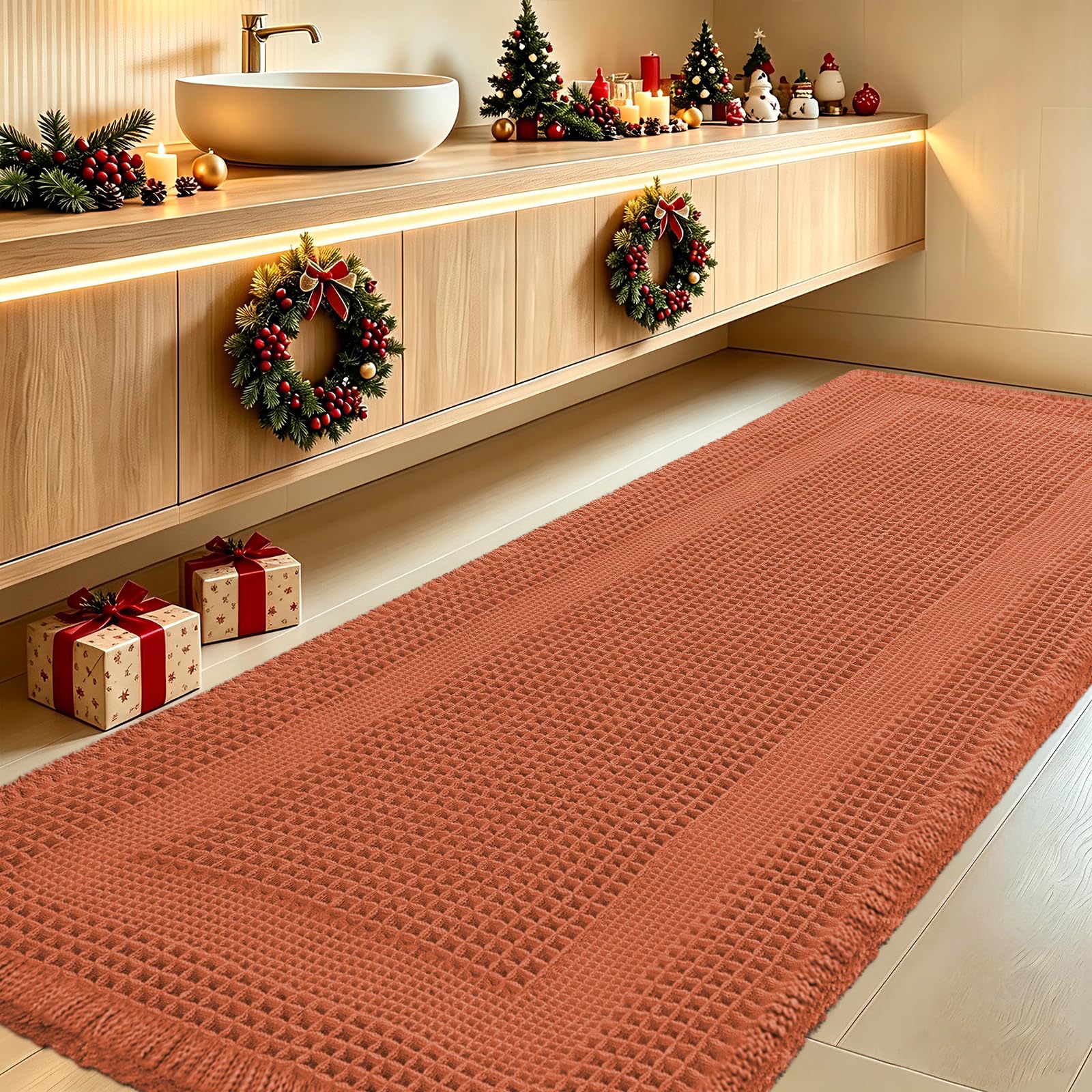 IM HOME Extra Large Waffle Bath Mat, Boho Bathroom Rugs Absorbent Non Slip, Ultra Soft Bathroom Mat, Machine Washable Knit Bath Rugs with Tassels for Bathroom,Bedroom,Kitchen,Tub,5'x2', Burnt Orange