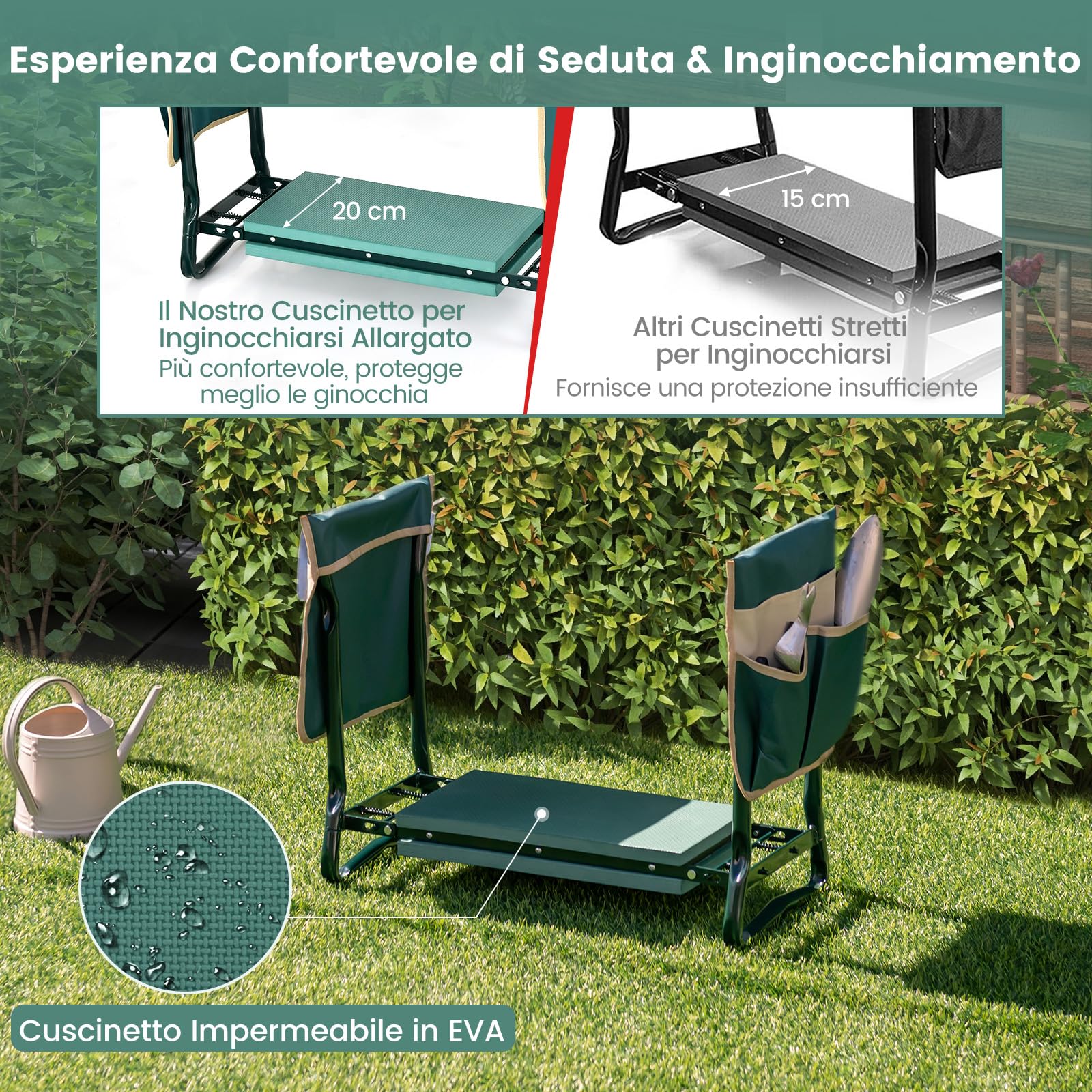 COSTWAY Inginocchiatoio da Giardino 2 in 1 Portatile e Pieghevole, Sgabello da Giardino con Inginocchiatoio e Borsa, Sedile per Giardinaggio da Inginocchiare e Sedere (58 x 27,5 x 50 cm, 2 Tasche)
