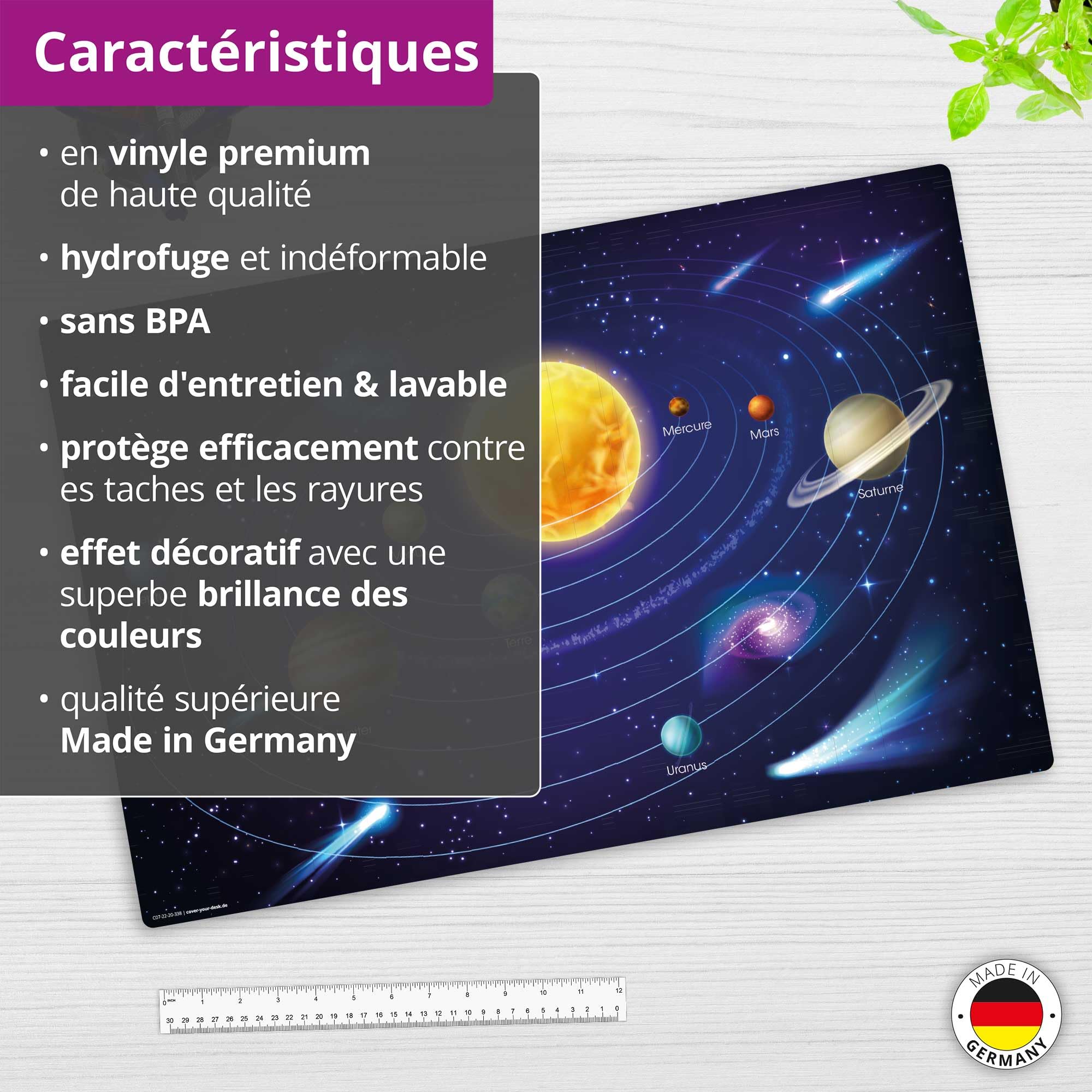 Sous-main lavable pour enfants – Notre système solaire en bleu sur fond français – 60 x 40 cm – en vinyle de haute qualité