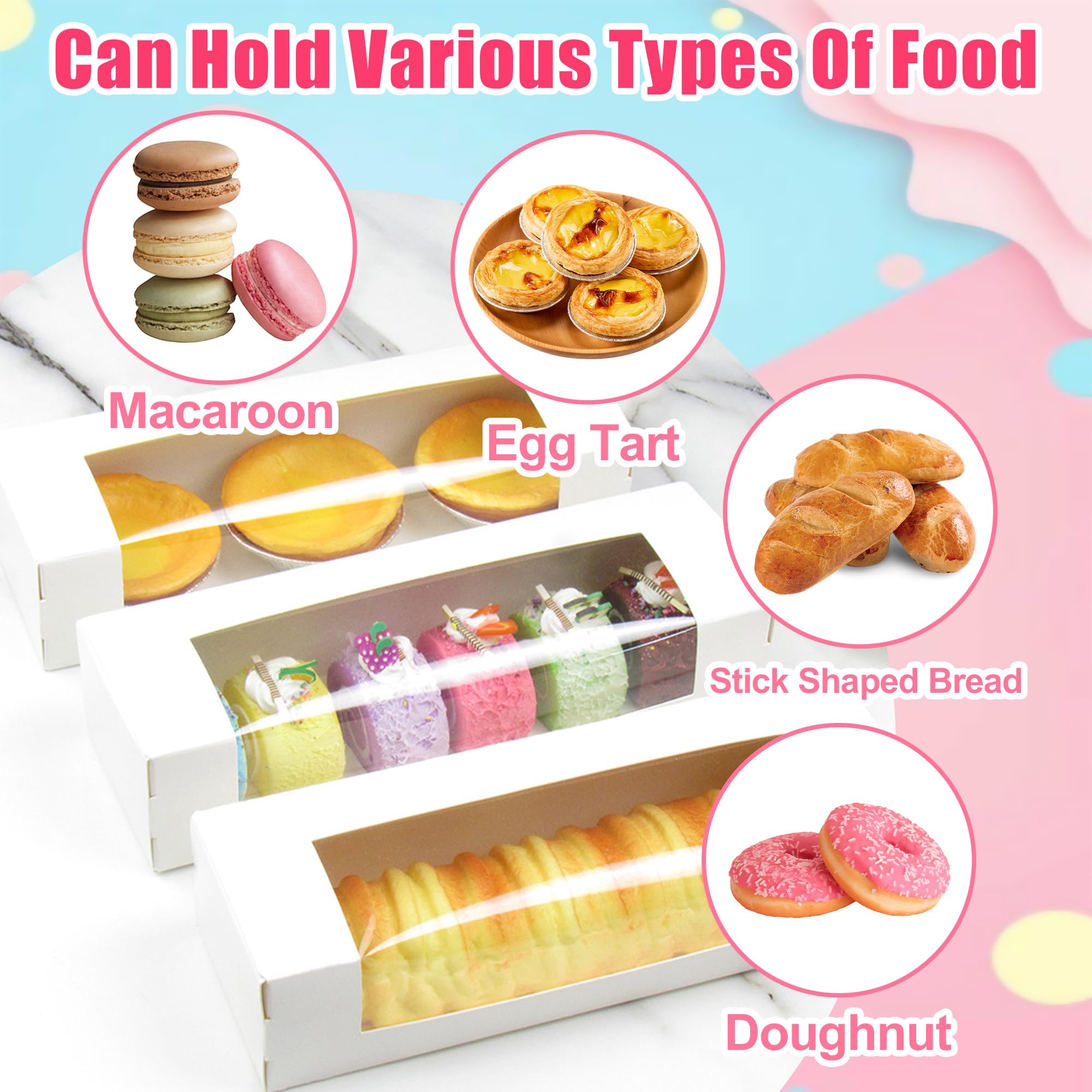 Lot de 20 boîtes à macarons pour 7 macarons avec autocollants, 21,8 x 7,1 x 5,1 cm, petites boîtes à dessert avec fenêtre, emballages de pâtisseries pour cupcakes, muffins, beignets