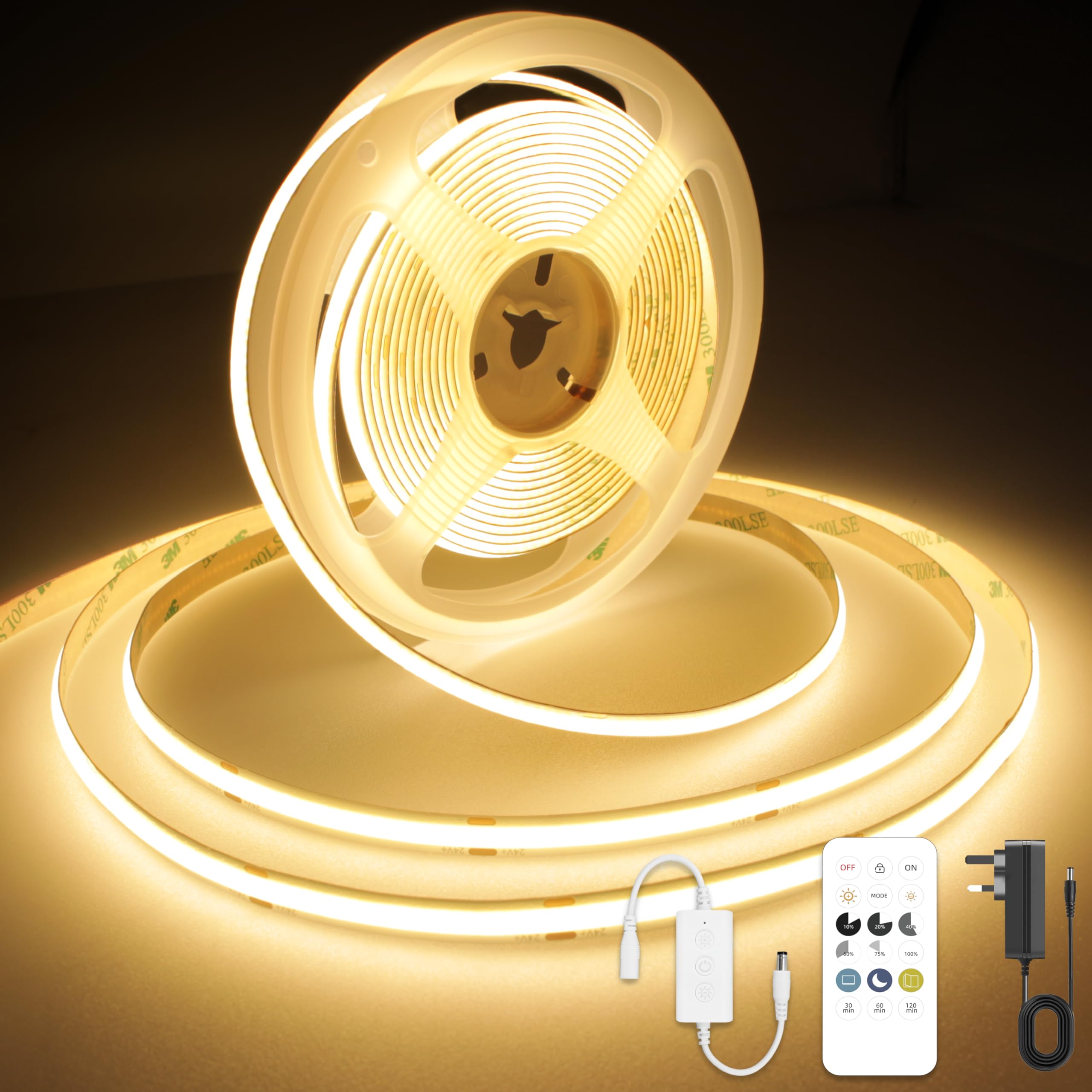 AXMOTUT COB LED Strip Light Warm White 7.5m, High Bright LED Strips with 2400LEDs, RF Remote and UKCA Power Supply, 2700K Dimmable LED Lights for Bedroom, Kitchen, DIY Home Decoration