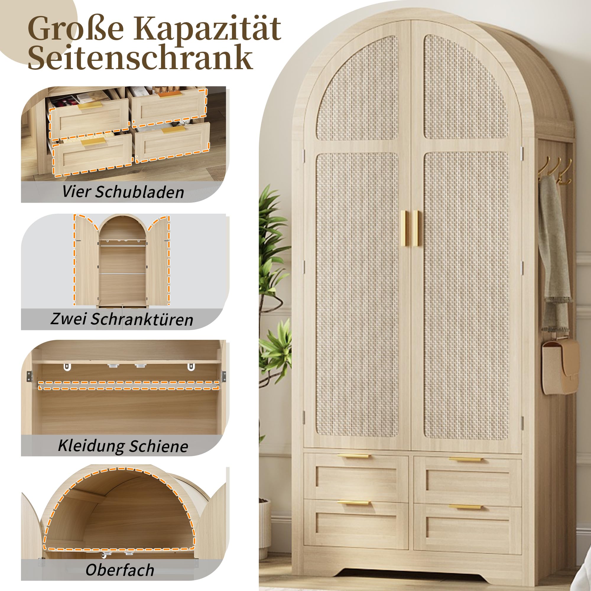 Azkoeesy Armadio moderno ad arco, ante effetto rattan, 4 cassetti, maniglie dorate, 80 x 50 x 179 cm, per camera da letto e corridoio (quercia)