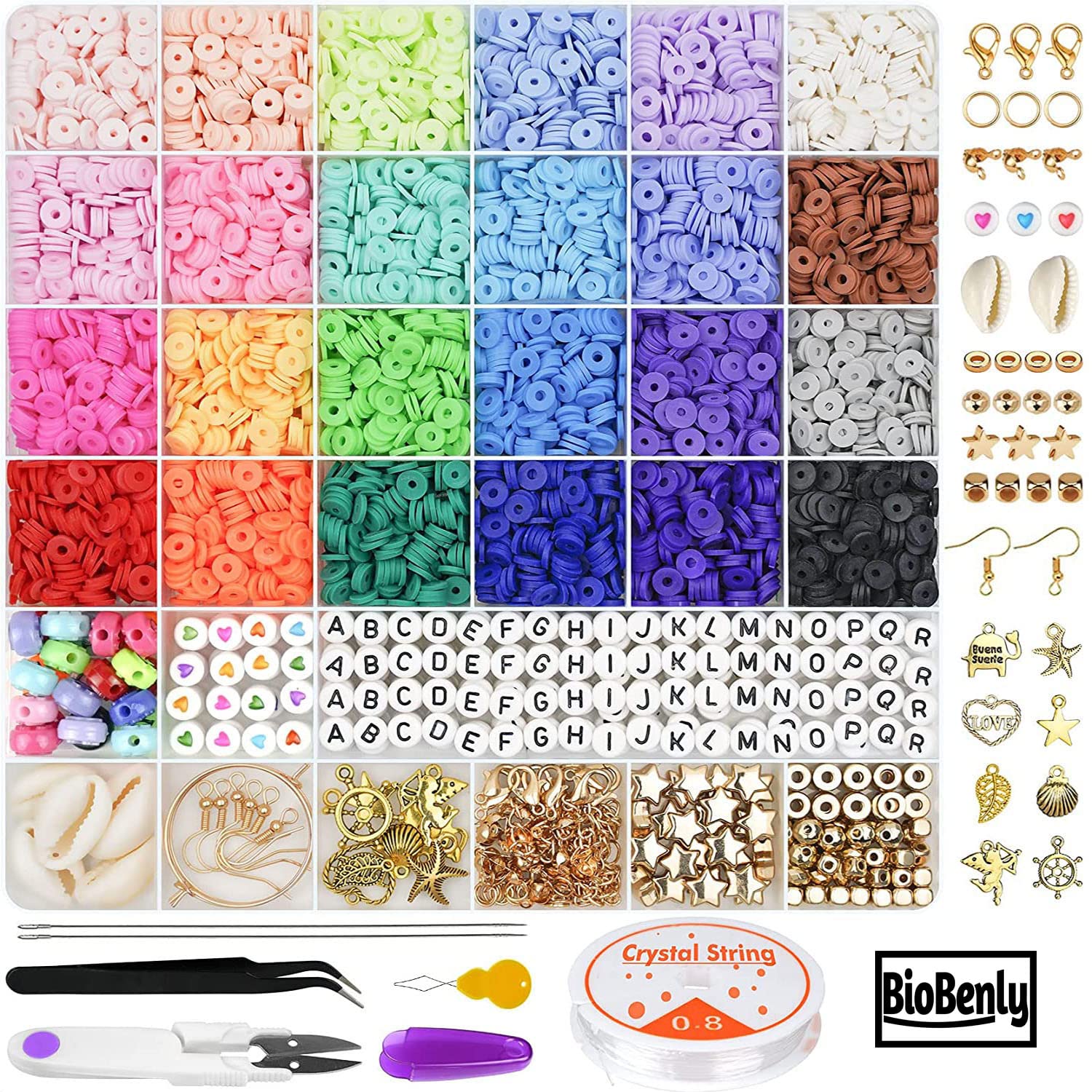 BioBenly Clay Beads Jewelry Making Bead Set - Flat Round Polymer Clay Beads 6mm Spacer Beads with Pendant Charms Kit and Elastic Strings for Jewelry Making Kit Bracelets Necklace Heishi Bead Set