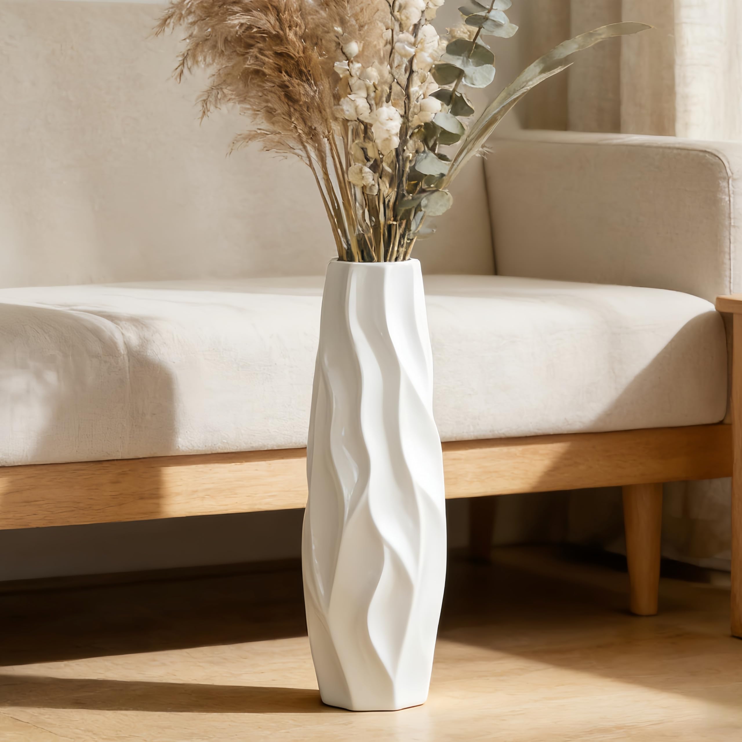 Weiße Bodenvase aus Keramik, 45 cm Groß, Minimalistische Dekovase für Blumen, Pampasgras, Für Wohnzimmer, Büro und Schlafzimmer