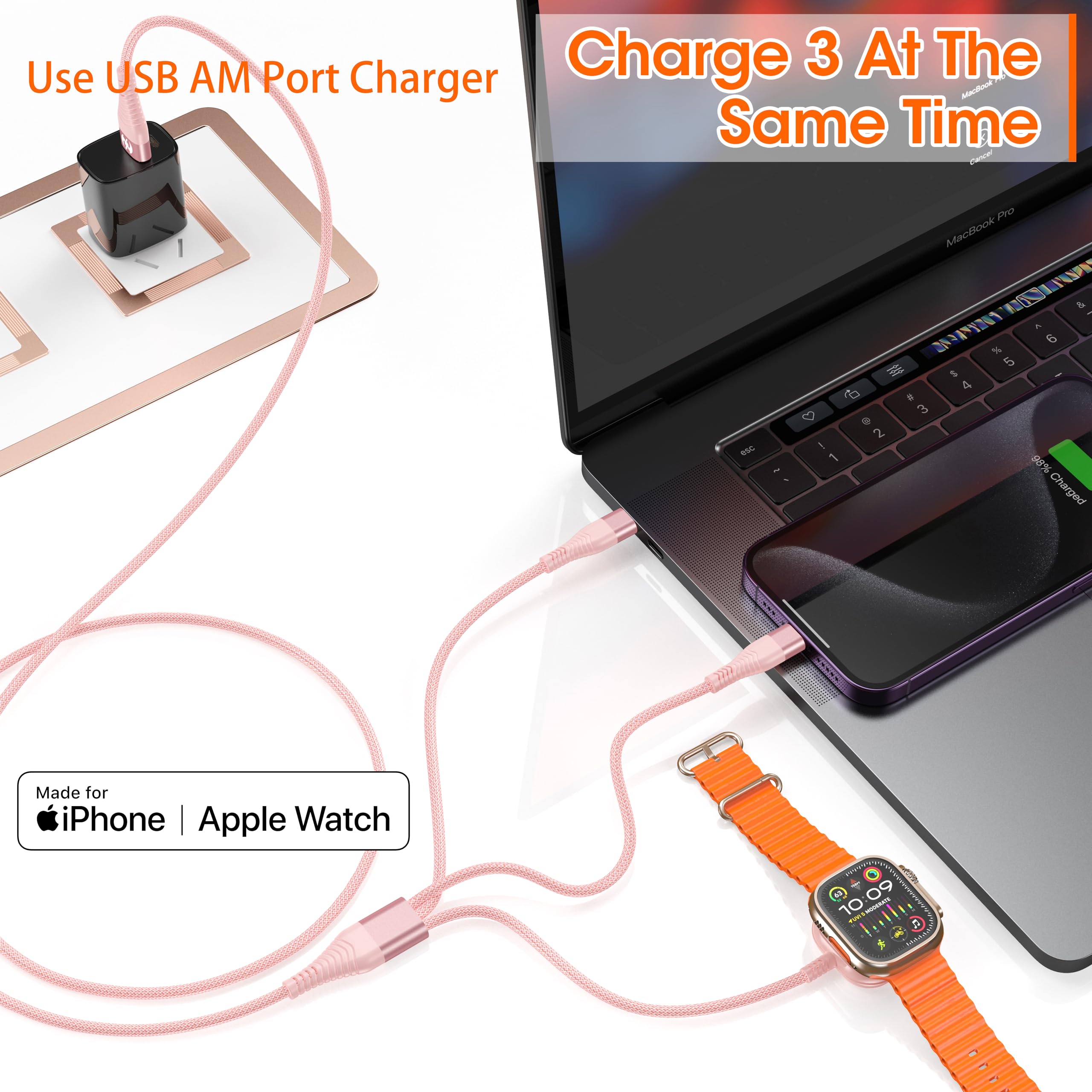 Cavo di ricarica multiplo per Apple Watch, 1,8 m, in nylon intrecciato, porta USB AM a Lightning tipo C, cavo USB C per iWatch, caricabatterie magnetico wireless 3 in 1, cavo di ricarica per Apple